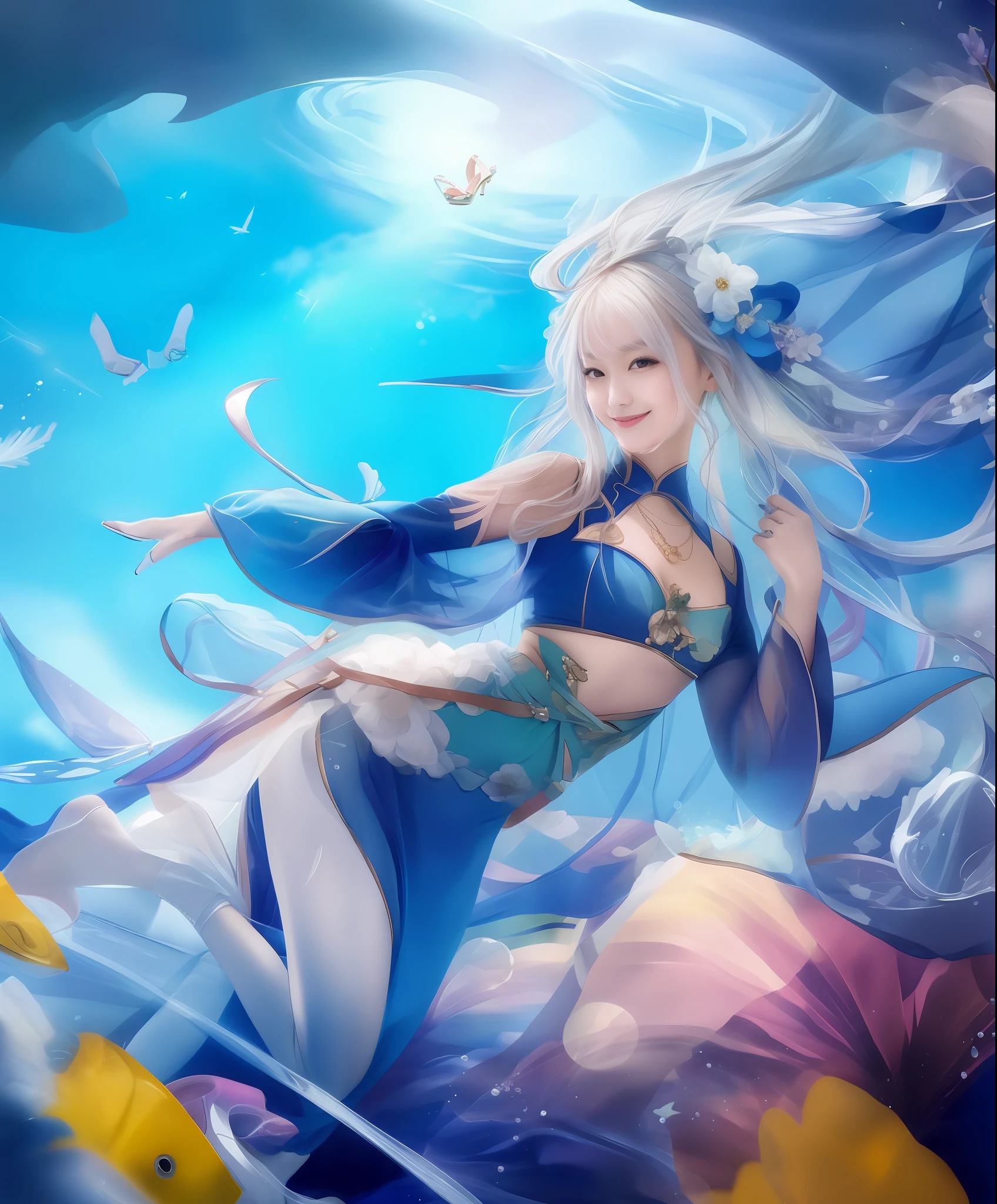 Woman, beautiful Japanese face, high heels, blue dress, Best quality, masterpiece, smile