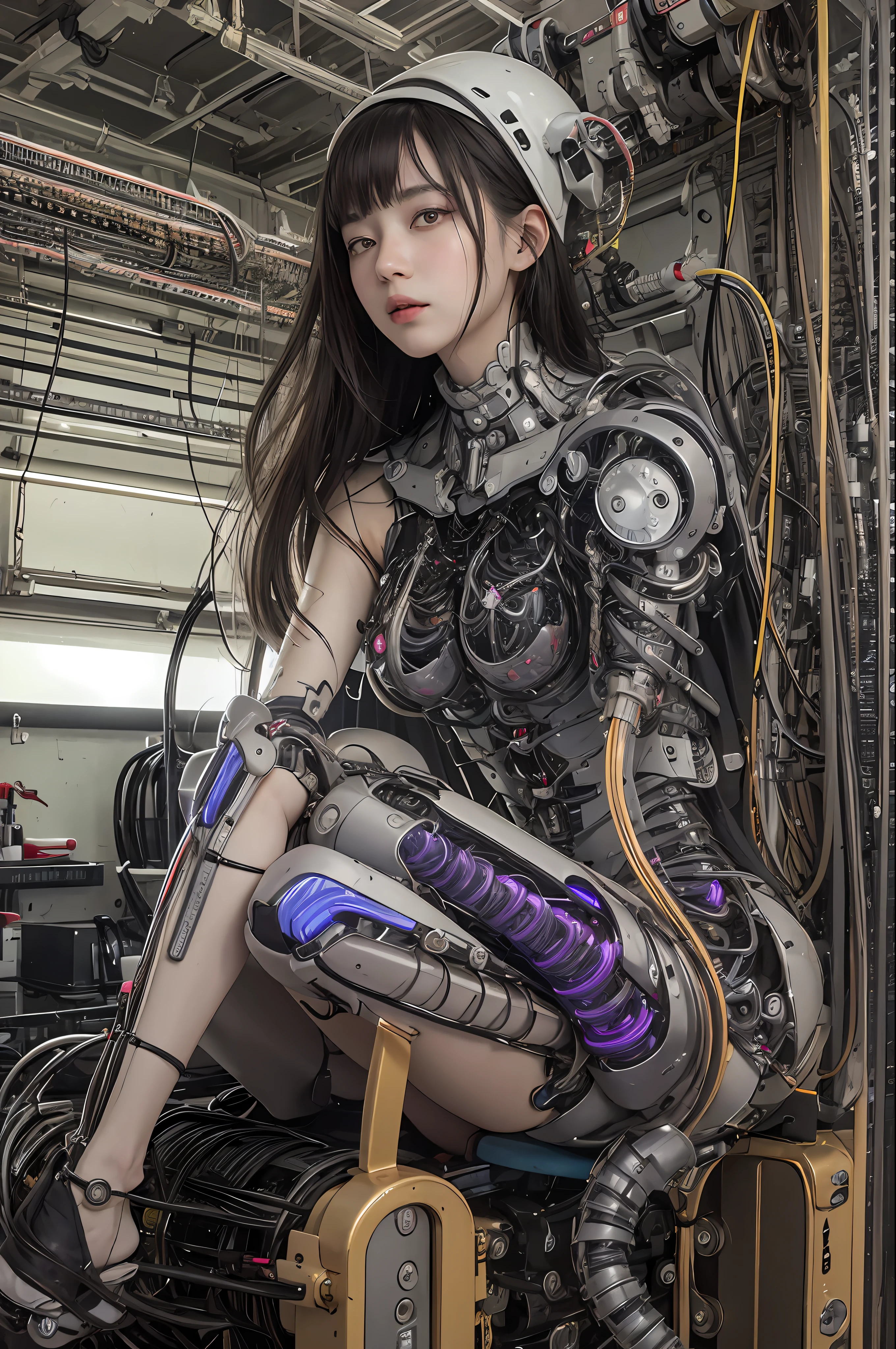 beste-Qualit、шедевр、ultra-high-resolution、(photo- realistic:1.4)、Raw photo、1人、Black hair、glowy skin、steampunk suit、((hyper realistic detail))、portlate、Global Illumination、Shadow、octan render、in 8K、ultrasharp、巨乳、Raw skin is exposed in cleavage、metals、Details of complex ornaments、Gothloli details、Luminous tube、extremely intricate detail、Realistic light、CGSoation Trends、purple-eyed、radiant eyes、Facing the camera、neon details、Mechanical limbs、blood vessels connected to tubes、Mechanical vertebrae attached to the back、mechanical cervical attaching to neck、sitting on、Wires and cables connecting to the head、Small LED lamp、The background is the server room of the future、