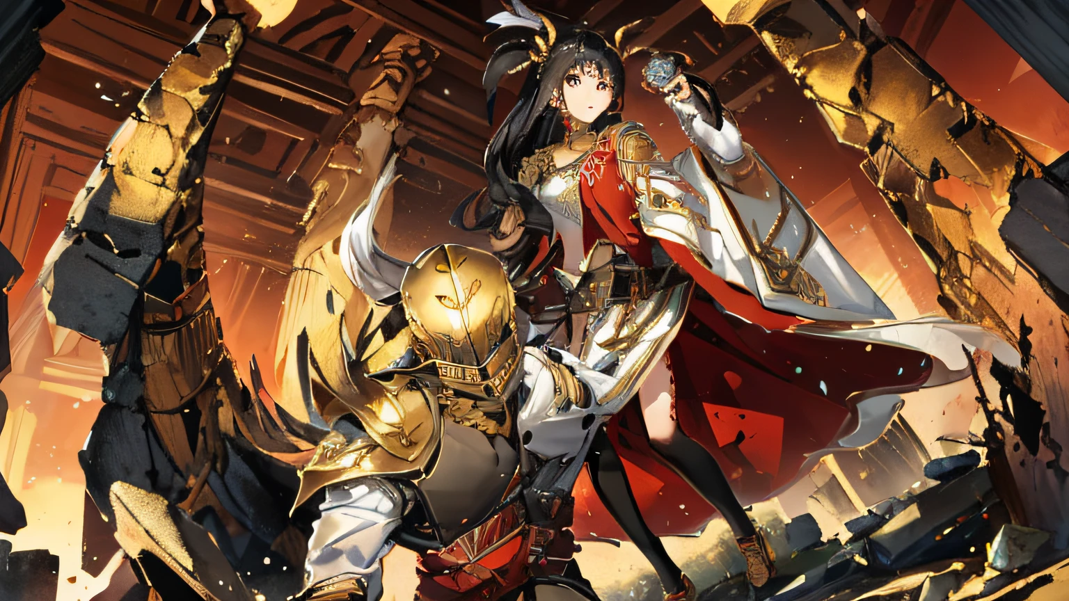 A man in armor grabbed a woman in red by the neck,Woman with black hair,Wears a red cape with white fluffy trim,The woman has white feathers on her head,The man wears a huge bronze helmet,On the helmet are 2 horns,The man wears bronze armor,The shoulder pads are all knives,The man is the angle behind him,The background is a dilapidated shrine,The setting sun shines into the temple,4 huge dilapidated stone pillars are the main background,Gothic architecture,