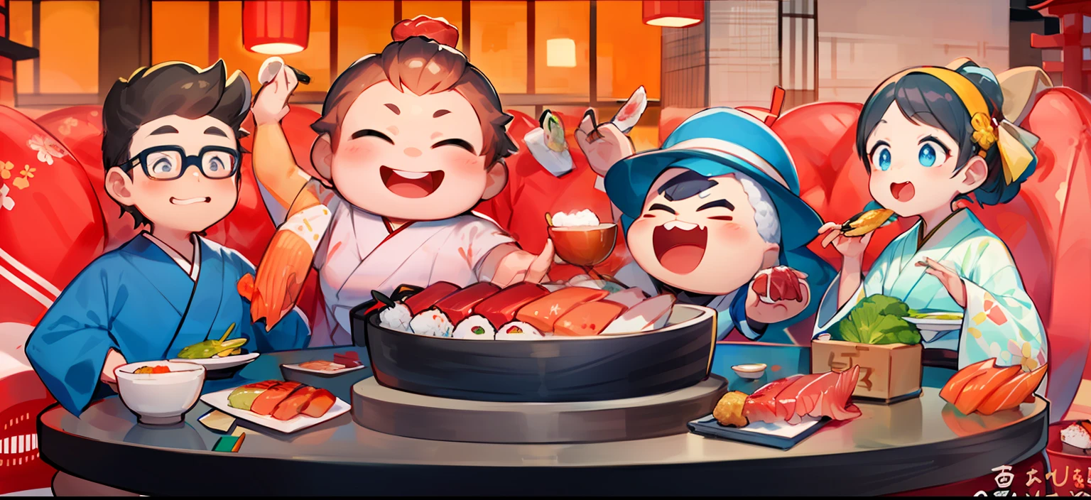 Close-up of a statue of a family eating sushi, Japanese cartoon style, Various sushi,sashimi,