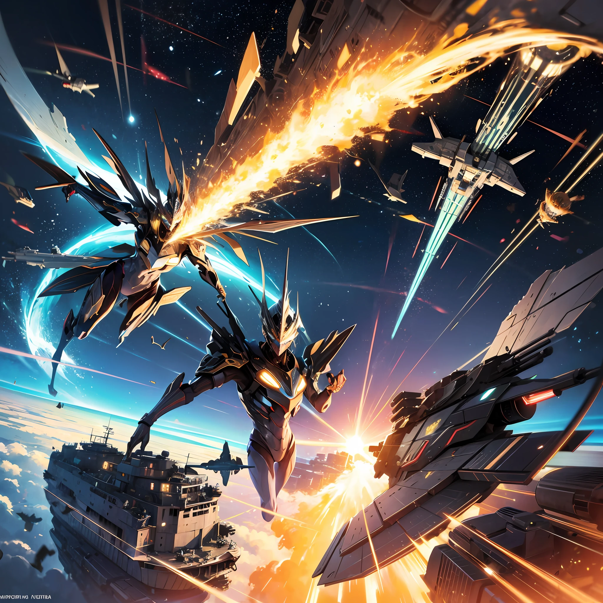 A large number of starships、sci-fi movie、A futuristic world、Science fiction universe space、Bank Starfield、Saturn ring、Tech shines、Light energy magnetic levitation、Quantum collision、Time travel、ultra high def、hyper-detailing，Faraway view、Lagrange，Shoot down and destroy enemy warships，exploding，ambiance，Planetary halo,victory，Battleship parade，Celebrate --auto