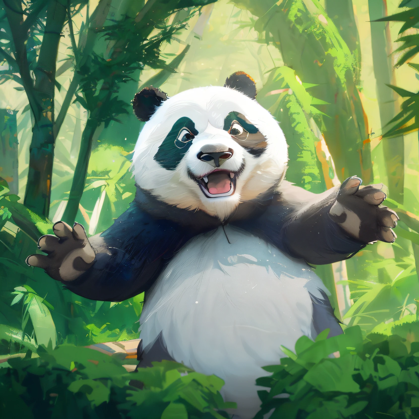 panda bear in the jungle waving his arms out, wojtek fus, panda, Cute panda, cute digital painting, panda panda panda, feng zhu |, a cute giant panda, Kung Fu Panda, chengwei pan on artstation, by Bayard Wu, paul lung, Inspired by Feng Zhu, inspired by Luo Ping, author:Ren Xiong