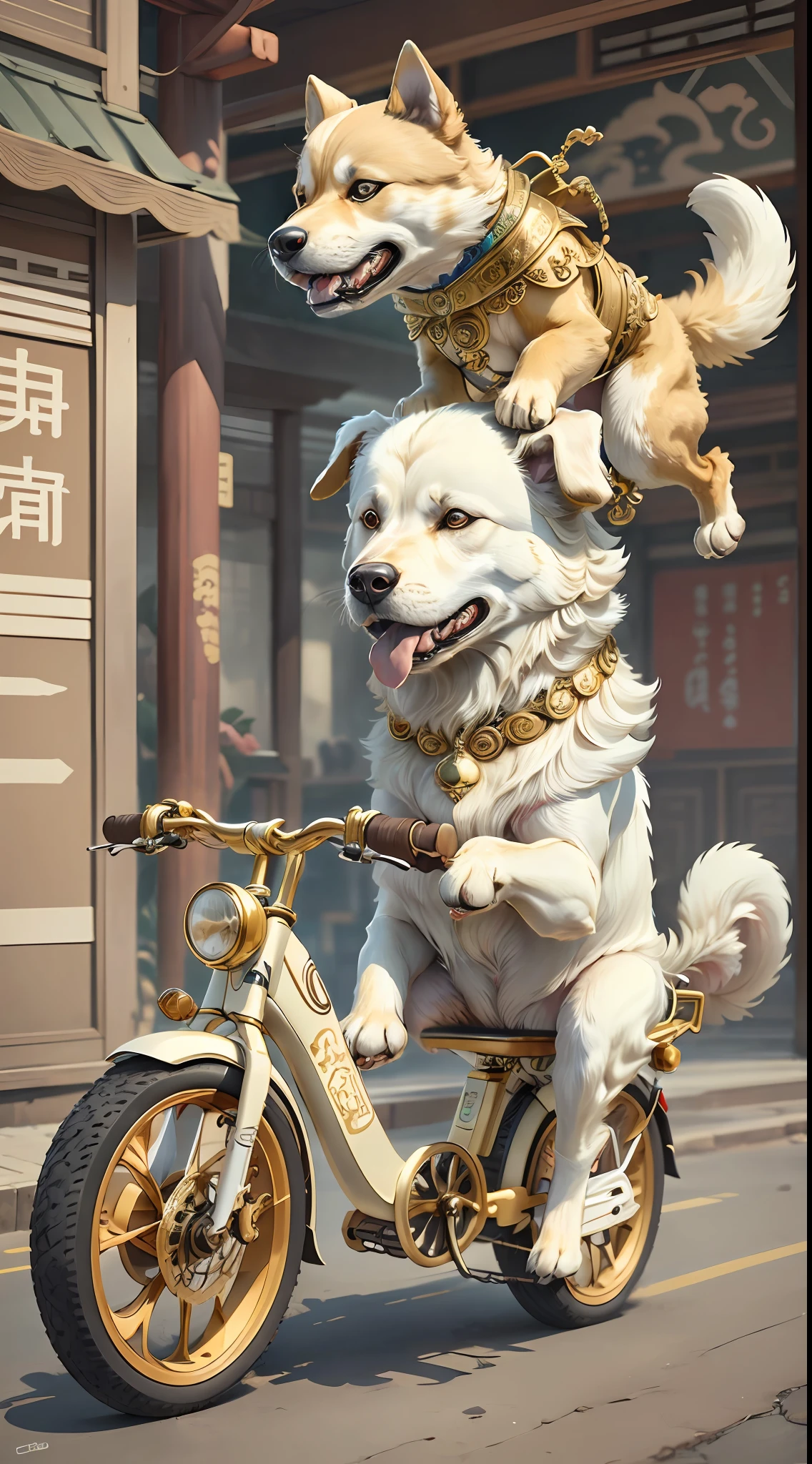 IvoryGoldAI,(Chinese zodiac dog), (riding an electric bike)
