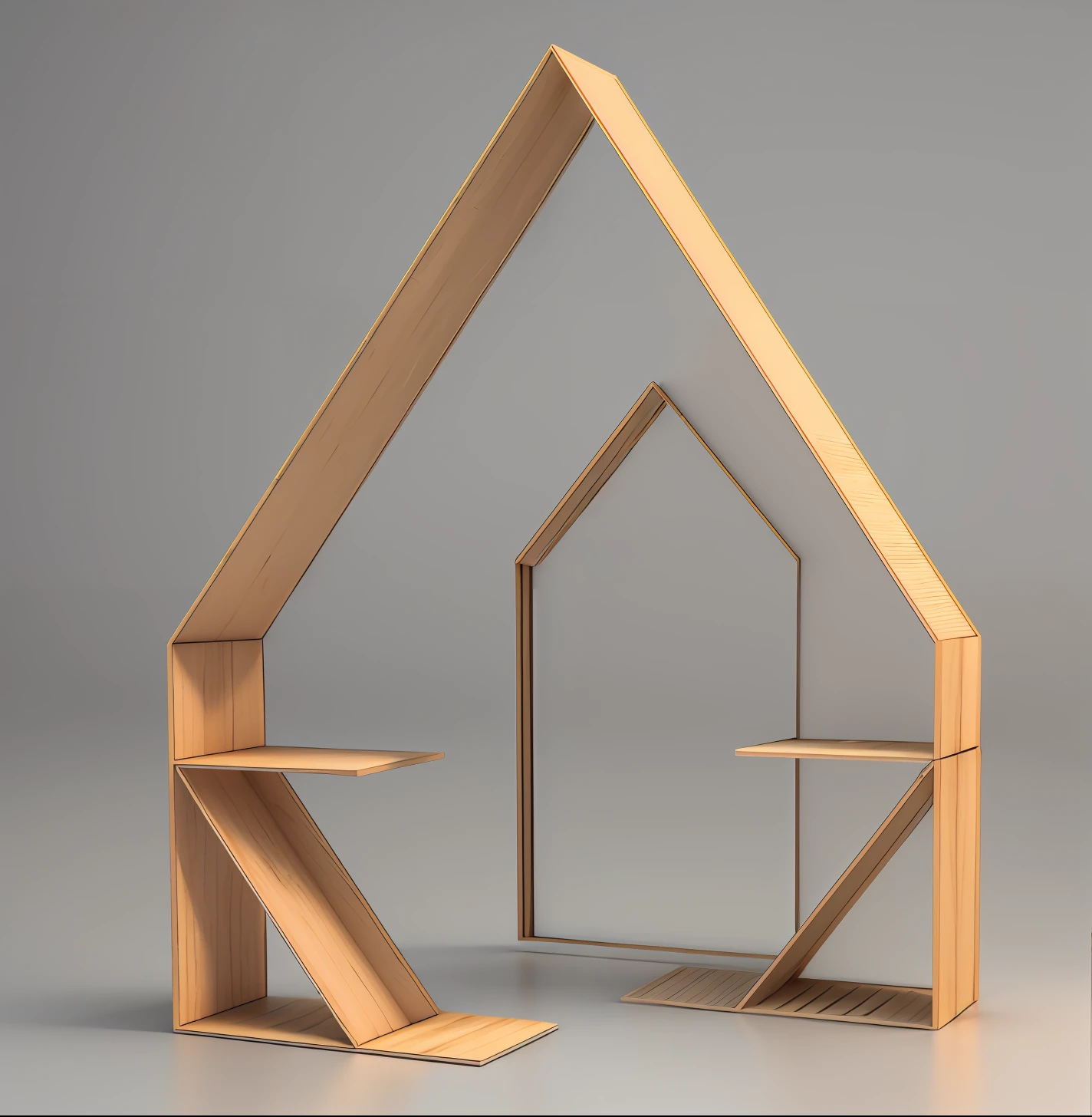a drawing of a house with a shelf and a shelf below it, detailed structure, front symetrical, Sketch - up, 3 d structure, front orthographic, Woody material,Simple structure, minimal structure, wall structure, angled walls, digital model, gothic arch frame, modeled in 3 d, Renders, concept model, 3d product, pointed arches, minimalist structure, 3 d rendered
