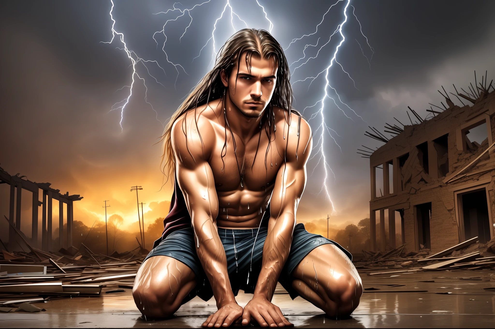 Handsome Long Haired Young Man, looking at the ruins of a house, Dim,  Darkness, Rain, Lightning, Despair, Tears, Teardrops, Torn Clothes, Wet Clothes. Kneeling on the Ground, Biting Lower Lip, Bare Shoulders, Real Rain, Wet Hair. Ruins and construction debris as background. Realistic Ray traicing. --auto --s2