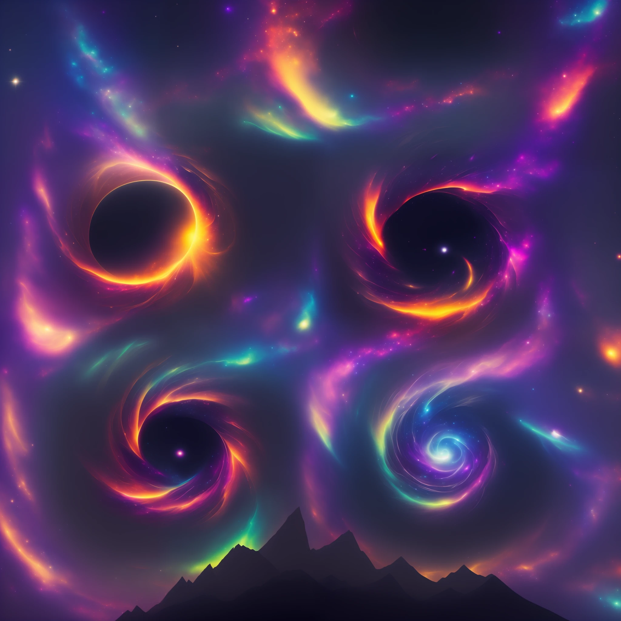 (Center of the Universe，Mysterious and dignified expression，Colorful galaxies surround:1.3，vibrant with colors:1.2) Sit on a(Surrounded by multicolored flames:1.3)on the throne，Elegance and nobility，Gem-encrusted royal purple robe:0.9，On magnificent starlight background:1.1 in，Shine with an air of mystery:1.2，The years are quiet:0.9。