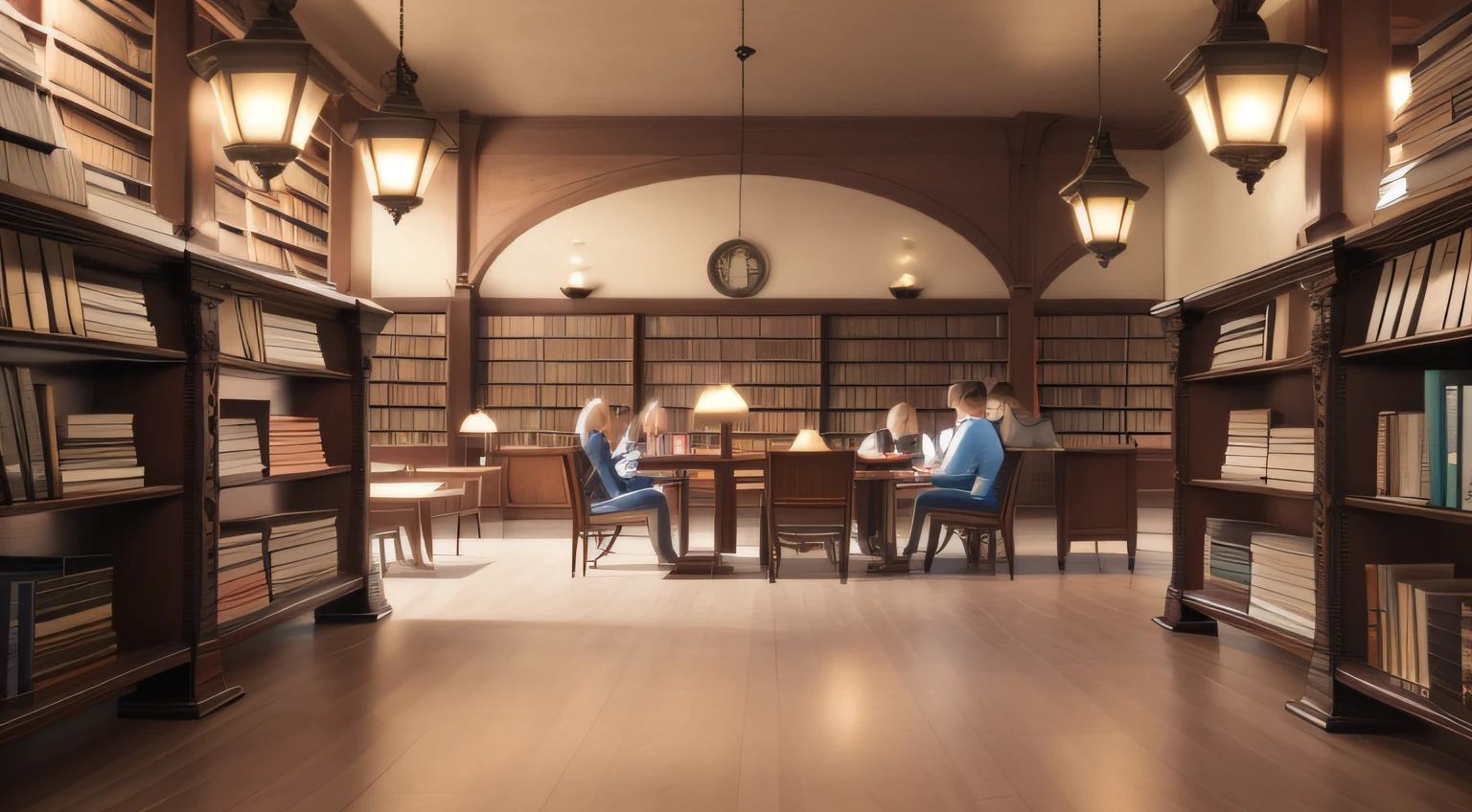 (Realistic photography) of a (library ambiance) that is (quiet and serene), featuring intimate shots of (tables with lamps and bookshelves), and (students reading) in the background against (dark wood paneling).