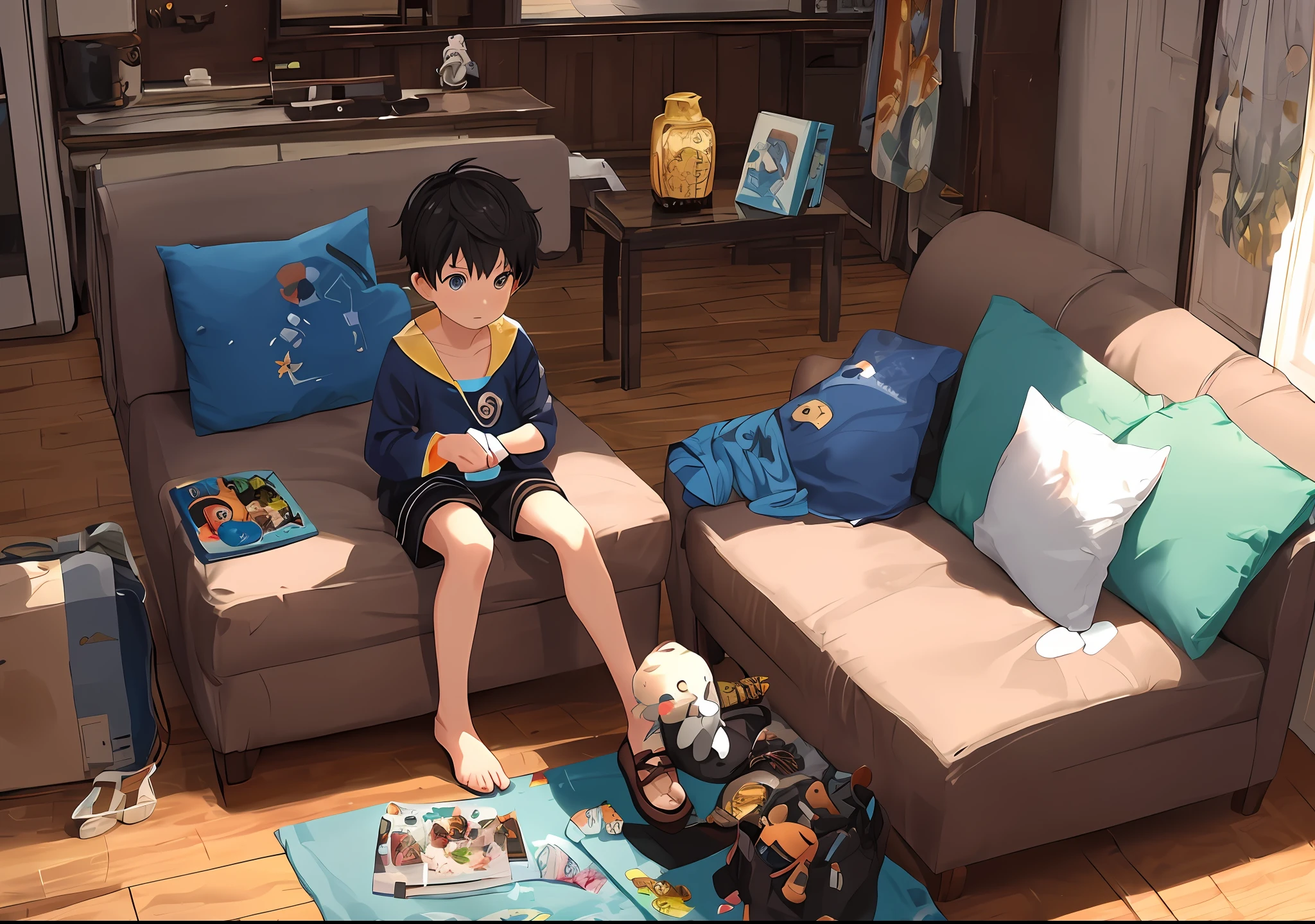 A little boy playing with toys in the living room,Simple art inspired by Studio Ghibli's visual style,Baroque oil painting, Anime, key vision, Full body portrait, character conceptual art,Fauvist dark fantasy,Kudrai aristocratic dictator,Popular Pixiv fan box,The rule of threes golden ratio by Greg Rutkowski Volop, Shinkai, Takashi Takeuchi Studio, Guibli, Jamie Wheats,Sit cross-legged on the ground,The perspective is from above