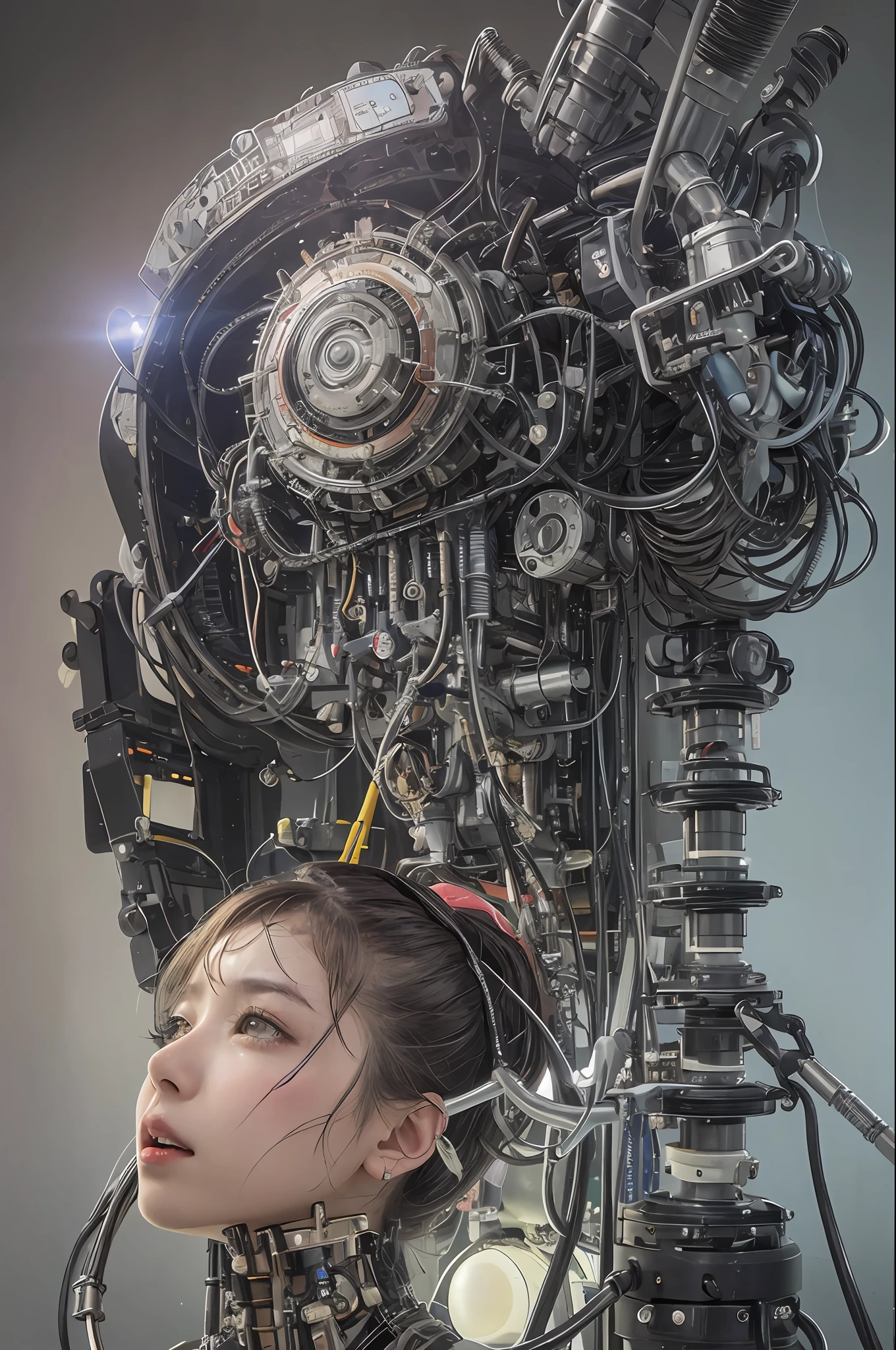 beste-Qualit、шедевр、ultra-high-resolution、(photo- realistic:1.4)、Raw photo、女の子1人、Black hair、glowy skin、steampunk suit、((hyper realistic detail))、portlate、Global Illumination、Shadow、octan render、in 8K、ultrasharp、巨乳、Raw skin is exposed in cleavage、metals、cog、Hydraulic cylinder、Details of complex ornaments、Gothloli details、Luminous tube、extremely intricate detail、Realistic light、CGSoation Trends、purple-eyed、radiant eyes、Facing the camera、neon details、Mechanical limbs、blood vessels connected to tubes、Mechanical vertebrae attached to the back、mechanical cervical attaching to neck、sitting on、Wires and cables connecting to the head、Small LED lamp、The background is the server room of the future、