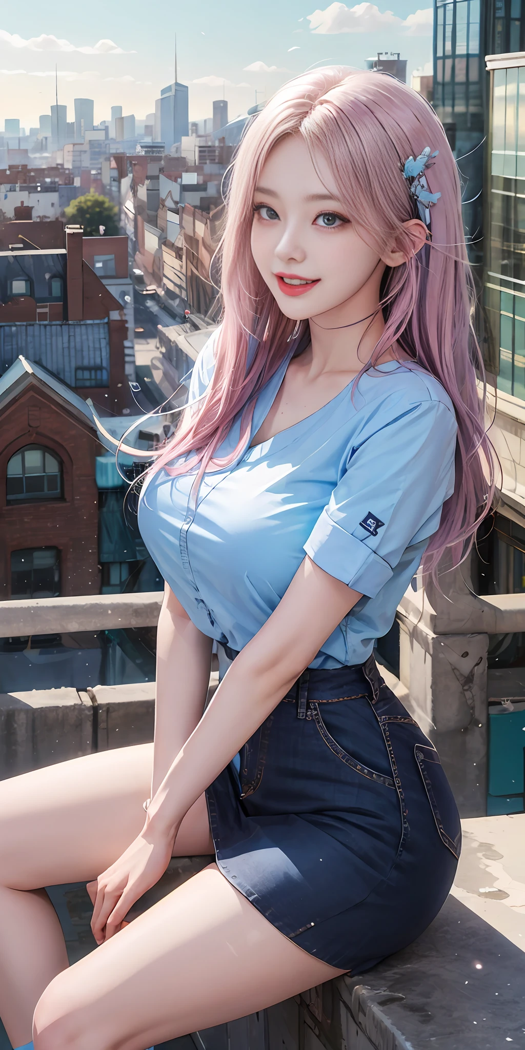 Official fine art,masterpaintings,Sharp focus,(Beautiful gorgeous and cute Korean leg model:1.3),(Beautiful and cute Korean leg model:1.3),Korean beauty,Delicate and beautiful hair and eyes and face,slimfigure,Sexy perfect body,Huge breasts,realisticlying,hyper detailled,a beautifulchi girl,blue-sky,Glowing white particles,(side-lighting:1.2),sun beam,baiyun,Detailed clouds,Slender legs,Toothy laughter,((Laugh and open your eyes)),scenecy,Long straight hair, sexy facial expression, architectural, (Cityscape:1.7), Dynamic hair, Long straight hair, Delicate platinum-pink hair, glow blue eyes, (blue pleated shirt+whitish skirt), long white socks, paleskin, hair adornments, epic landscapes,