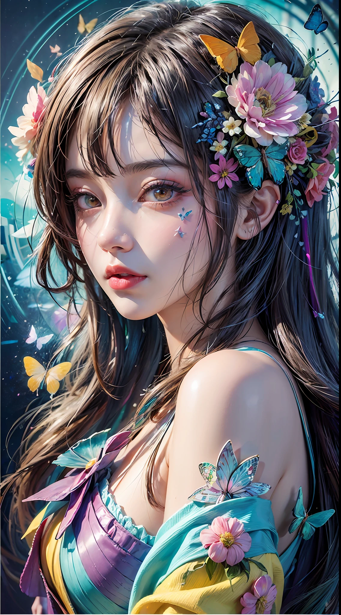(masterpiece:1.1), (highest quality:1.1), (HDR:1.0), ambient light, ultra-high quality,( ultra detailed original illustration), (1girl, upper body), ((harajuku fashion)), ((flowers with human eyes, flower eyes)), double exposure, fusion of fluid abstract art, glitch, (original illustration composition), (fusion of limited color, maximalism artstyle, geometric artstyle, butterflies, junk art)