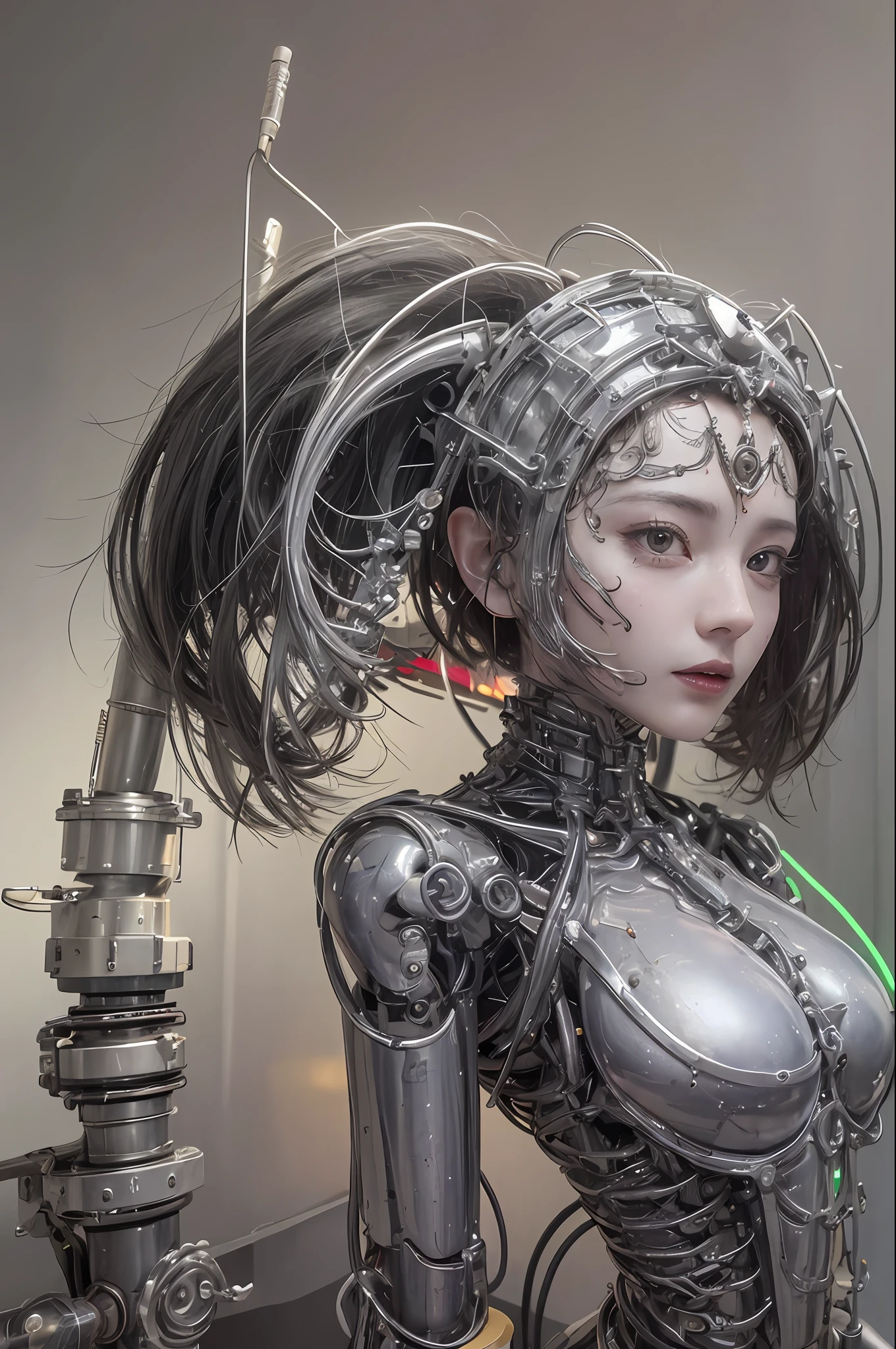 beste-Qualit、шедевр、ultra-high-resolution、(photo- realistic:1.4)、Raw photo、女の子1人、Black hair、glowy skin、steampunk suit、((hyper realistic detail))、portlate、Global Illumination、Shadow、octan render、in 8K、ultrasharp、巨乳、Raw skin is exposed in cleavage、metals、cog、Hydraulic cylinder、Details of complex ornaments、Gothloli details、Luminous tube、extremely intricate detail、Realistic light、CGSoation Trends、purple-eyed、radiant eyes、Facing the camera、neon details、Mechanical limbs、blood vessels connected to tubes、Mechanical vertebrae attached to the back、mechanical cervical attaching to neck、sitting on、Wires and cables connecting to the head、Small LED lamp、The background is the server room of the future、