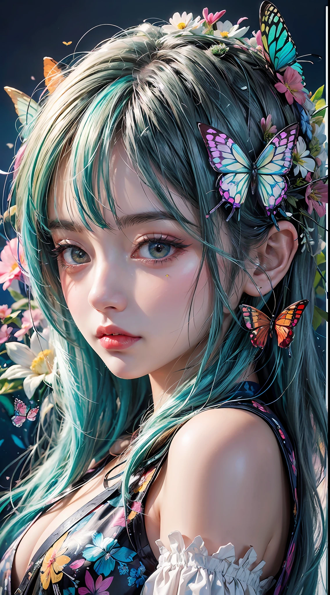(masterpiece:1.1), (highest quality:1.1), (HDR:1.0), ambient light, ultra-high quality,( ultra detailed original illustration), (1girl, upper body), ((harajuku fashion)), ((flowers with human eyes, flower eyes)), double exposure, fusion of fluid abstract art, glitch, (original illustration composition), (fusion of limited color, maximalism artstyle, geometric artstyle, butterflies, junk art)