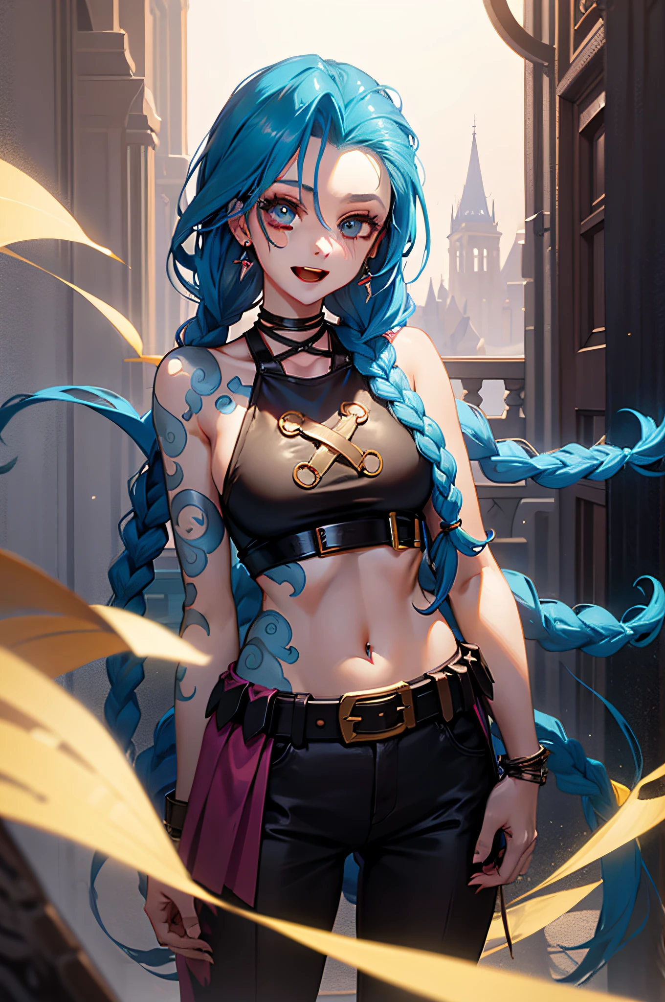 Jinx \(league of legend\), 1girl huge large breasts,Pixar style, Laugh，solo, Braid, twin braid, Long hair, Surprised Eyes,tattoo, Piercing, leather belts, Jewelry, Earrings, (big open eyes:0.9),see viewer, arm tattoos, (Background of medieval castles:1.1), Blue hair, Blush, Smile, v arms, necklac, Crop top, Small breasts, Green hair, shoulder tattoo, teeth, Open mouth, alternate costume, midriff, pants, Blue eyes,