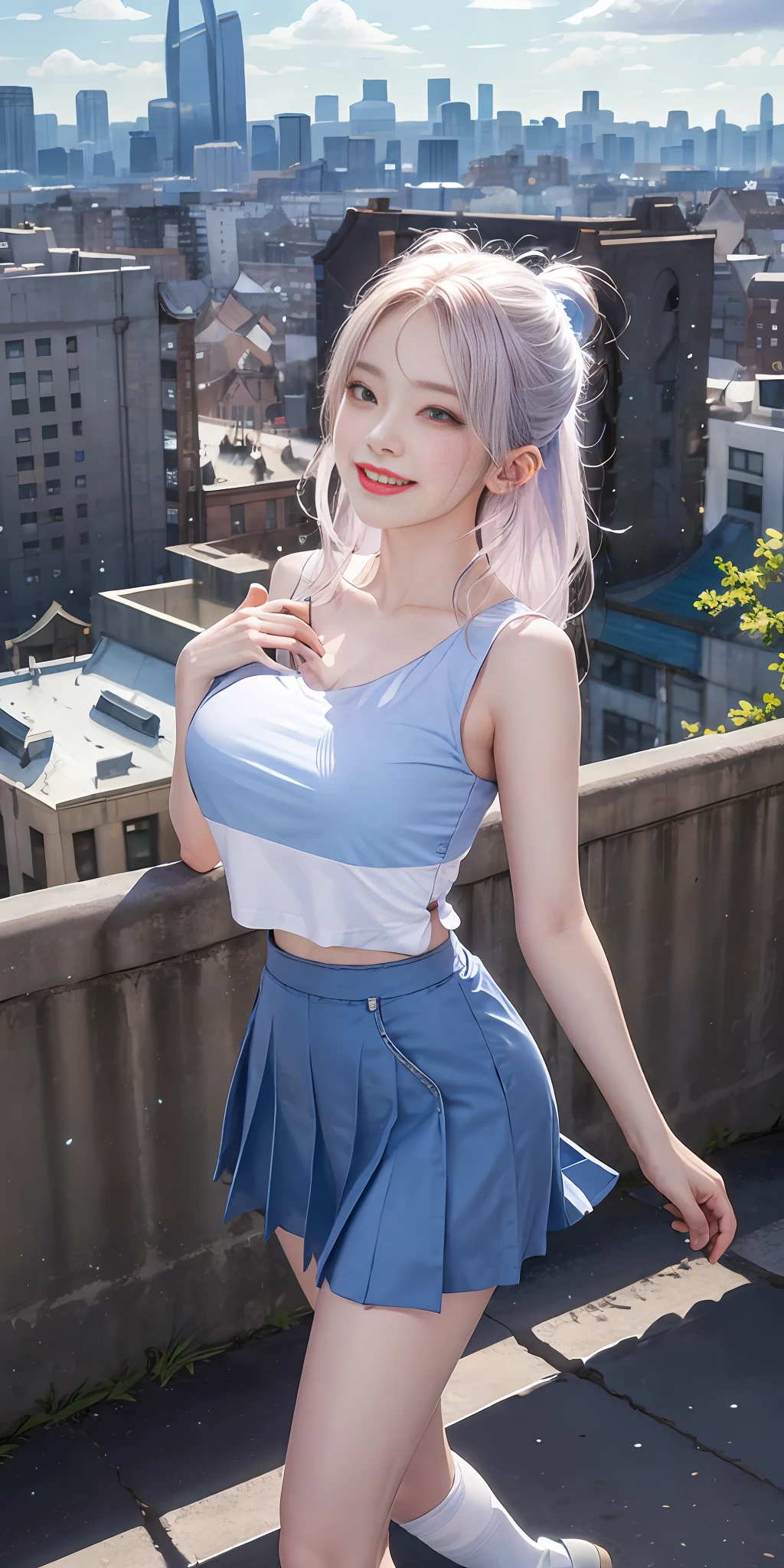 Official fine art，masterpaintings，Sharp focus，（Beautiful gorgeous and cute Korean leg model：1.3），（Beautiful and cute Korean leg model：1.3），Korean  beauty，Delicate and beautiful hair and eyes and face，slimfigure，Sexy perfect body，Huge breasts，realisticlying，hyper detailled，a beautifulchi girl，blue-sky，Glowing white particles,(side-lighting:1.2),sun beam,baiyun,Detailed clouds,Slender legs,Toothy laughter,((Laugh and open your eyes)),scenecy,Long straight hair, sexy facial expression, architectural, (Cityscape:1.7), Dynamic hair, Long straight hair, Delicate platinum-pink hair, glow blue eyes, (blue pleated shirt+whitish skirt), long white socks, paleskin, hair adornments, epic landscapes,