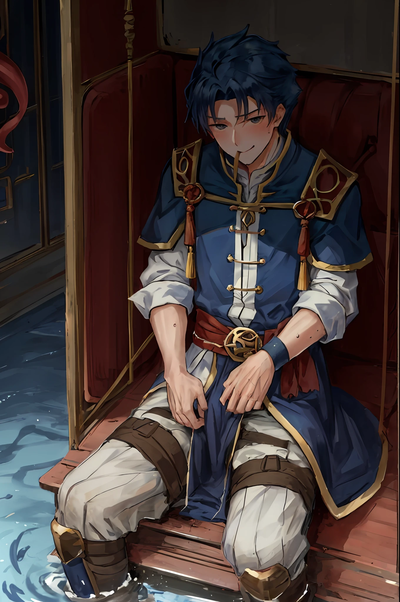 Hector Fey, 独奏, looking looking at viewer, smil,blush on, With his mouth open,perspire,Drenched,Get wet,droolng, mitts, 1boy, sitted(Sit straddled),Tentacles wrap around thighs,Tentacles wrap around the waist,Male focus,Crotch view,Close-up of the crotch,tiese,Manteau,chest muscle(Sweating of the pectorals),Abs(Sweating of the abs),from from below, Castle view