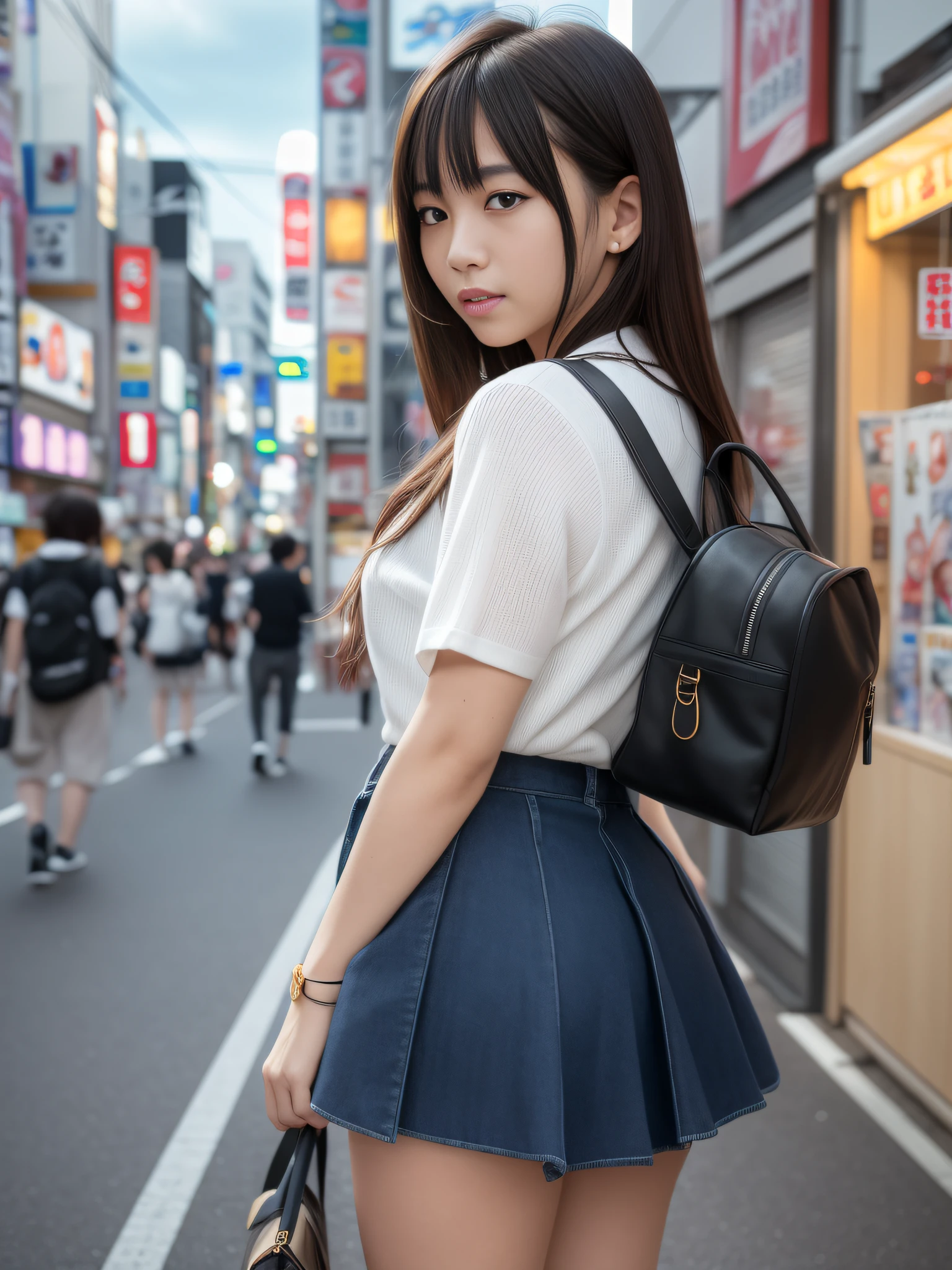Ultra top quality, masterpiece, ultra high resolution, depth of field, depth of subject, (photorealistic: 1.4), (dramatic, award-winning photography, incredible masterpiece: 1.3), RAW photos, golden ratio, highly detailed CG Unity 8k wallpaper, detailed and complex, incredibly absurd, original, high resolution, raw photos, (perfect body shape), finely complex, DSLR, Soft Lighting, High Quality, Film Grain, Background Blur, Fujifilm XT3, 50mm Lens, Backlit, HDR, Hyperrealistic, Color Grade, Dynamic Pose, Portrait, Japan People, Smile, Lips, Bangs, (Crowded Akihabara: 1.2), Front View Viewer, Natural Light, Girl, 21 years old, Full Body, Solo, Student, High School, Uniform, Cute High School Girl, Japan school uniform, girl in uniform, bobby socks, skirt, daytime, on the street, deep shadow, cute, beauty, discreet, cold light 12000K\Street, store status, Akihabara, Shinjuku, Shibuya, Ikebukuro, detailed realistic, skin texture, super detailed, realistic skin texture