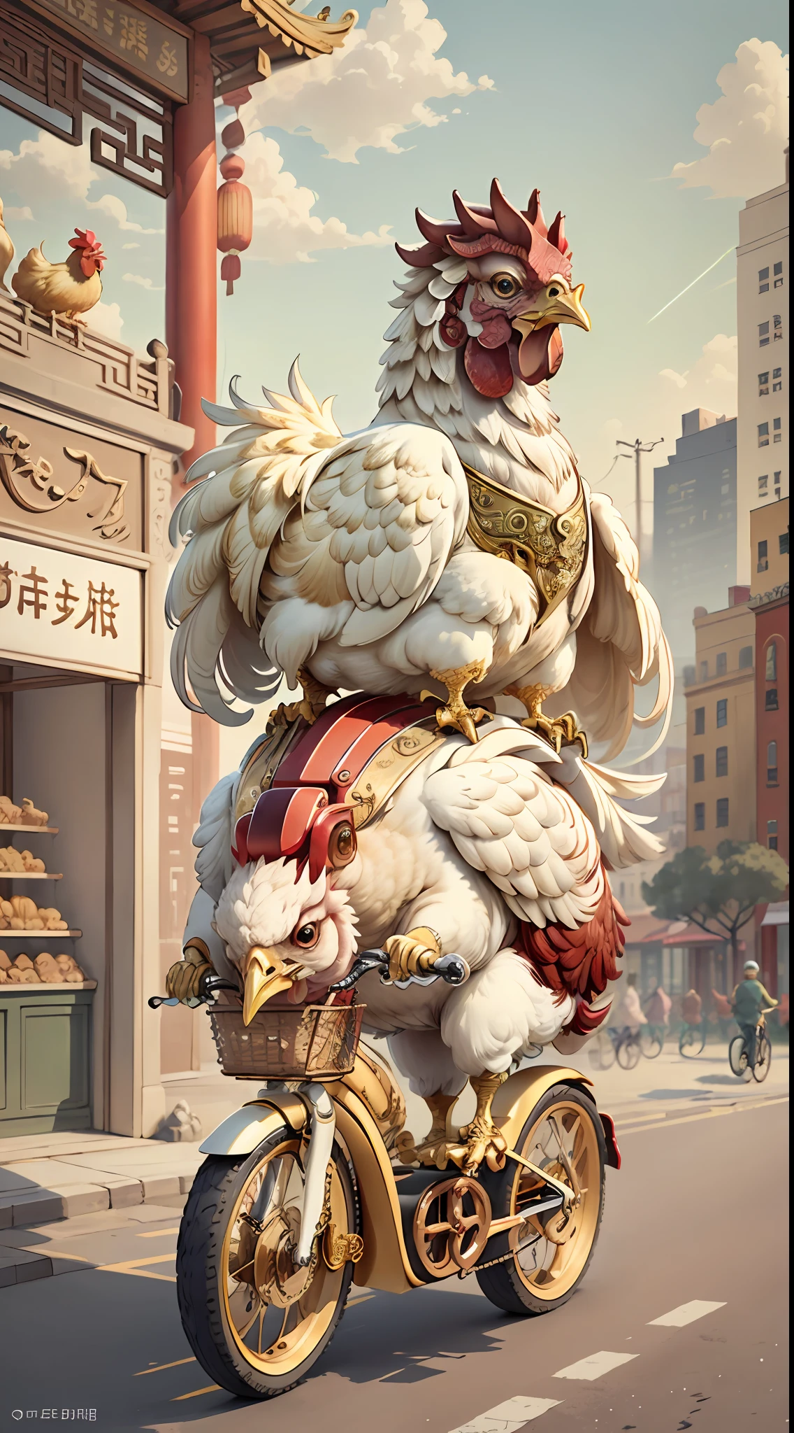 IvoryGoldAI，(Chinese zodiac chicken), (riding an electric bike)