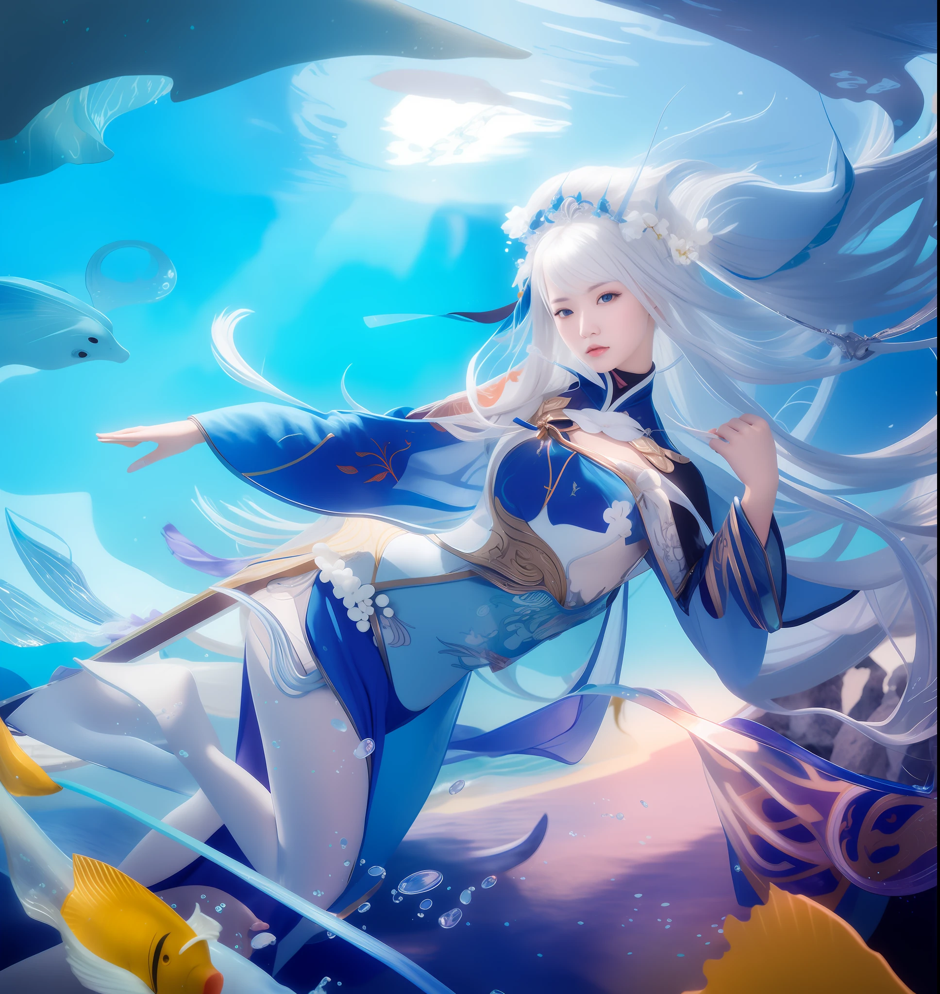 girl with long white hair and blue dress holding a sword, wallpaper blue water, goddess of the ocean, white haired deity, queen of the sea mu yanling, goddess of the sea, beautiful fantasy, trending on artstation pixiv, azure ocean, asian female water elemental, keqing from genshin impact