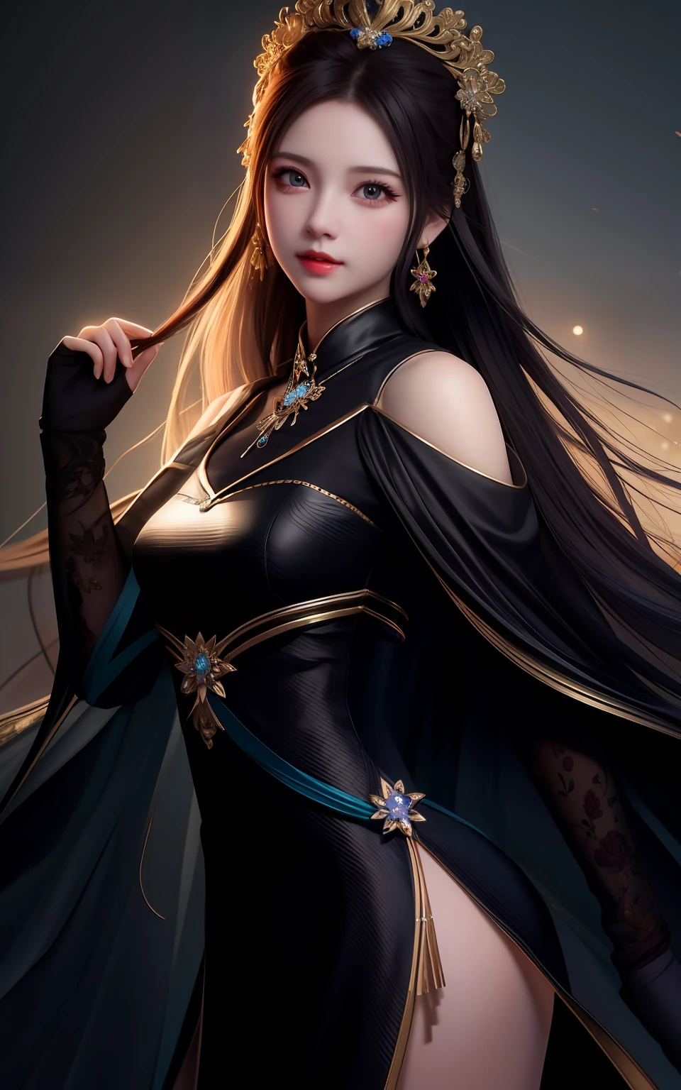 Best Quority,masterpaintings,A high resolution,1girl,Porcelain skirt,hair adornments,necklac,jewelries,Beautiful face,Physically,dingdall effect,realisticlying,dark studio,edge lit,duotone lighting,(highdetailedskin:1.2),8k uhd,Slr,softlighting,high qulity,volumettic light,Candid camera,fully body photo,A high resolution,4k,8k,Background bokeh