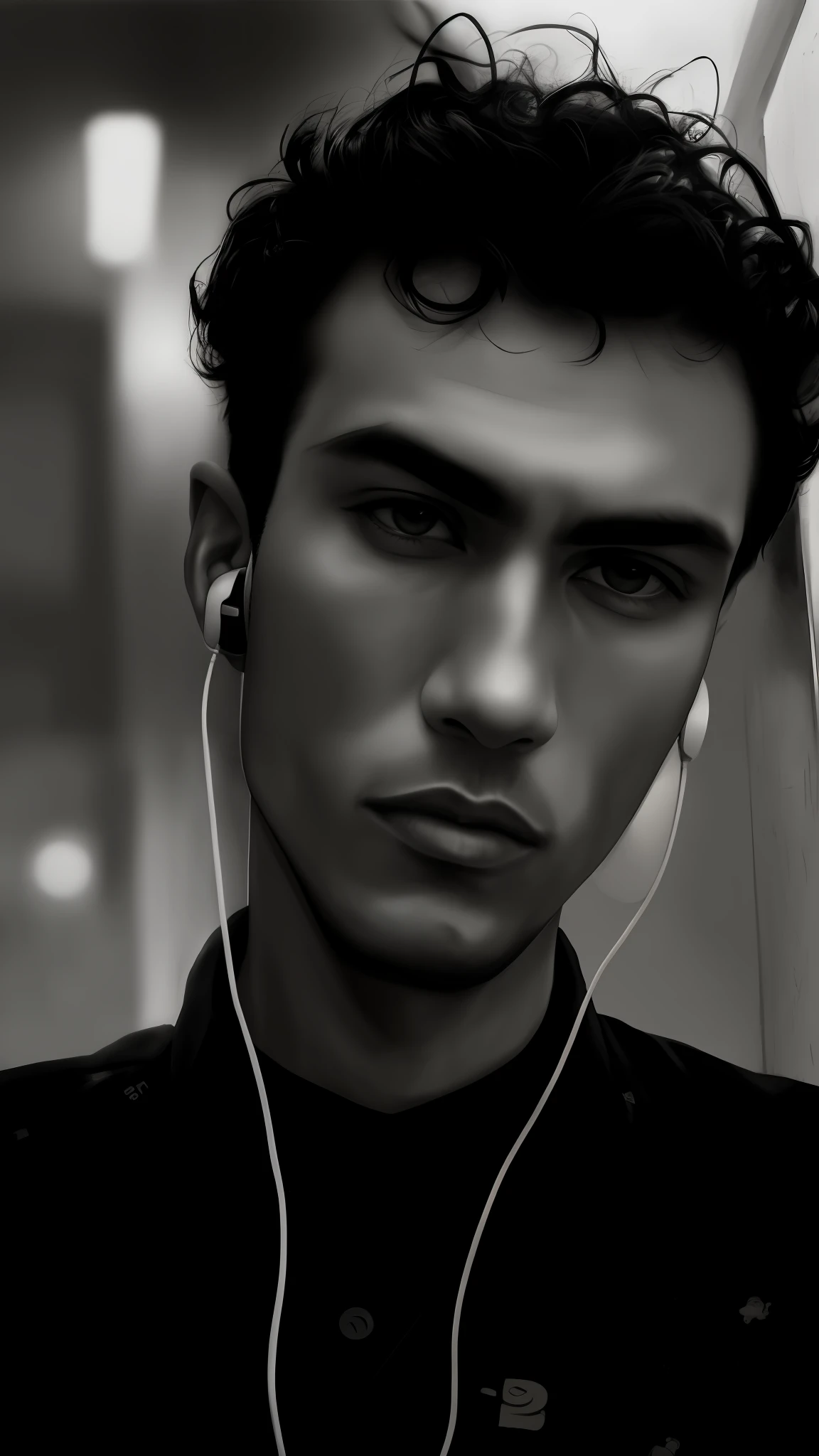 there is a man with headphones on and a black shirt, caio santos, Ansel ], mateus 9 5, foto de perfil, miles johnstone, inspirado em Jean Malouel, inspired by Antônio Parreiras, inspirado em Aleksander Gine, foto de perfil, em torno de 1 9 anos, Condutor de Ene, Mohamed Chahin, grainy monochrome photo