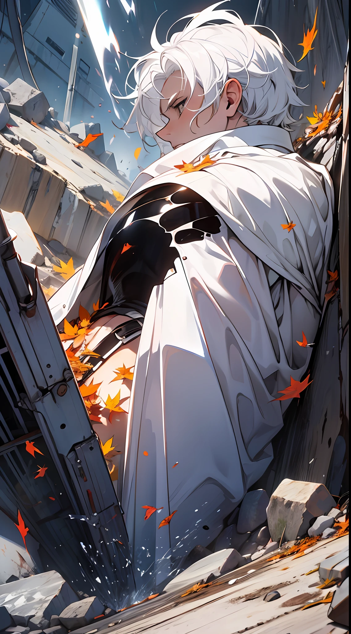 A tall man，White hair and white shirt，Fall from a height，Smashed into the ground，A deep pit was formed，Lie at the bottom of the pit。, from below, 8k, super detail, ccurate, best quality, masterpiece