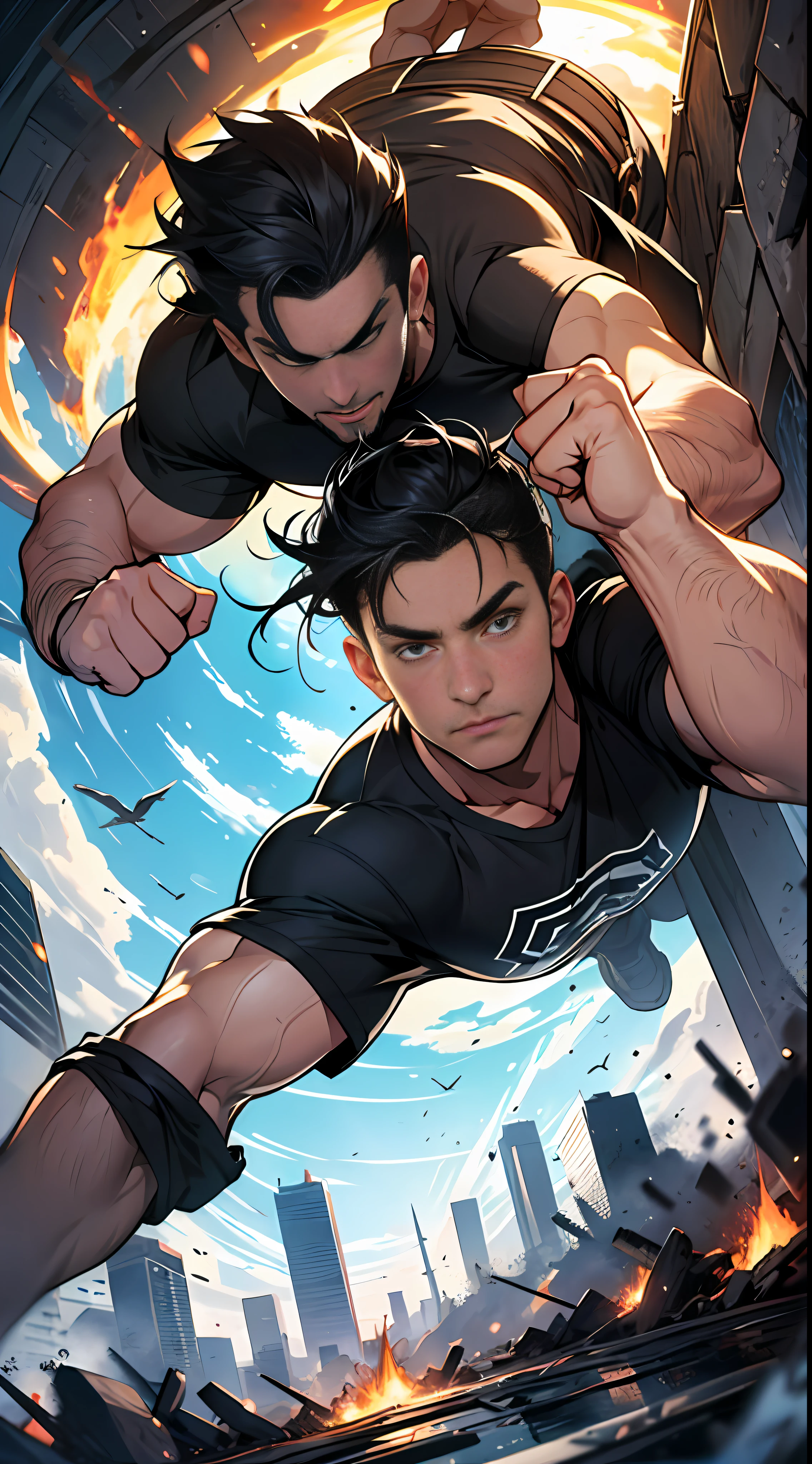 Muscular man with agile build, Black hair and black T-shirt，Appear in the air，Clench your hands into fists，Bombard downward, , from below, 8k, super detail, ccurate, best quality, masterpiece