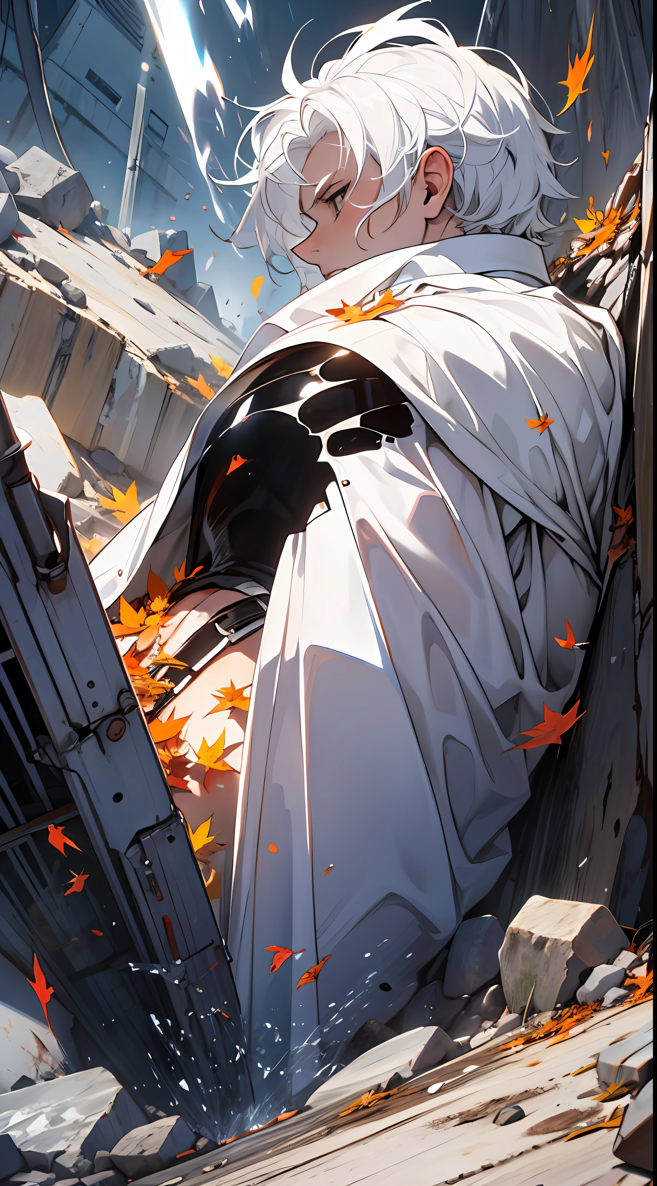 A tall man,White hair and white shirt,Fall from a height,Smashed into the ground,A deep pit was formed,Lie at the bottom of the pit。, from below, 8k, super detail, ccurate, best quality, masterpiece