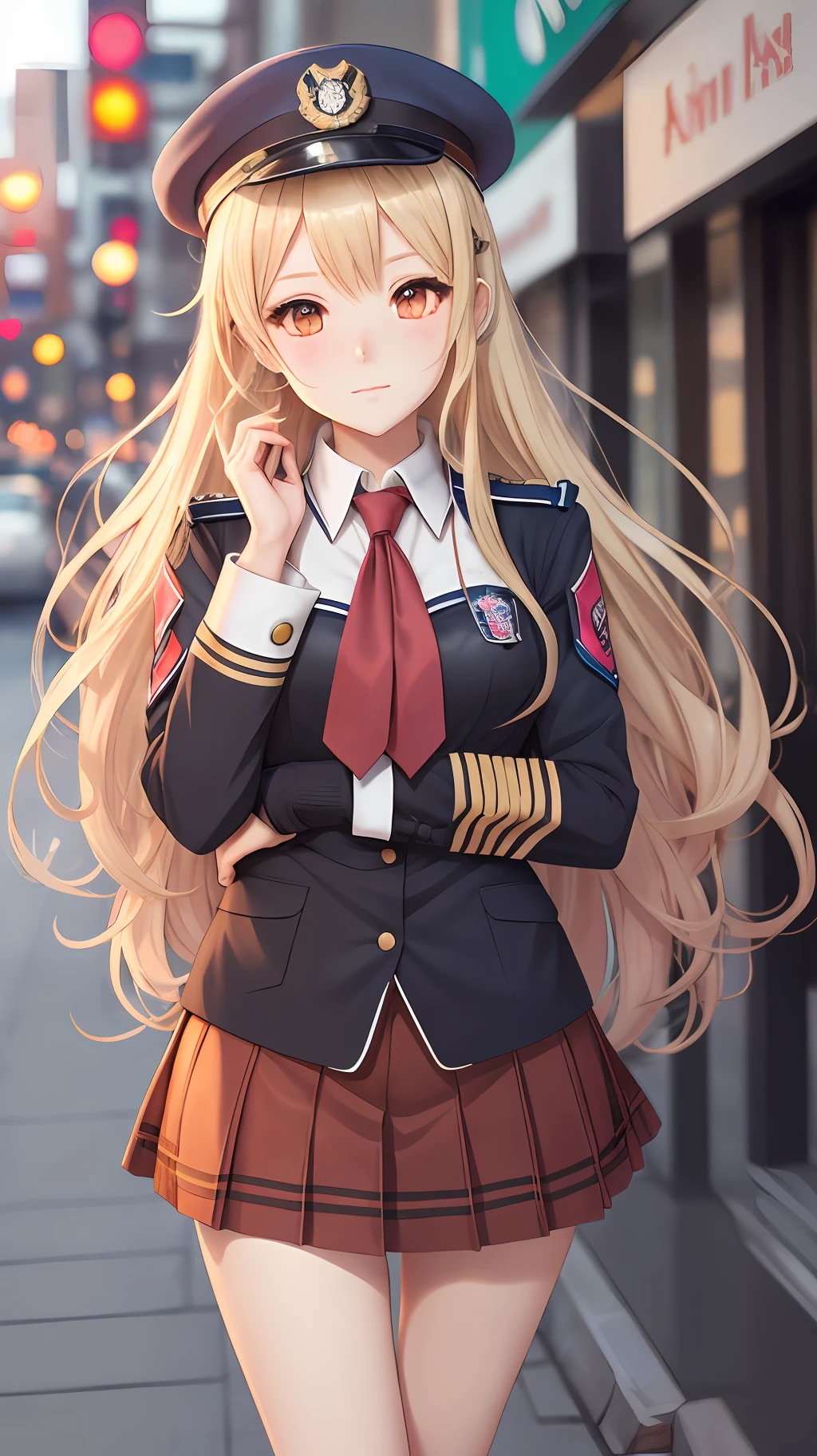 anime character dressed in uniform standing on sidewalk in city, beautiful anime high school girl, blonde anime girl with long hair, a hyperrealistic schoolgirl, girl wearing school uniform, Fine details. Smooth Anime CG Art, Anime visuals of cute girls, charming anime girls, girls frontline style, a hyperrealistic schoolgirl, Anime Girl with Long Hair, female anime character --auto
