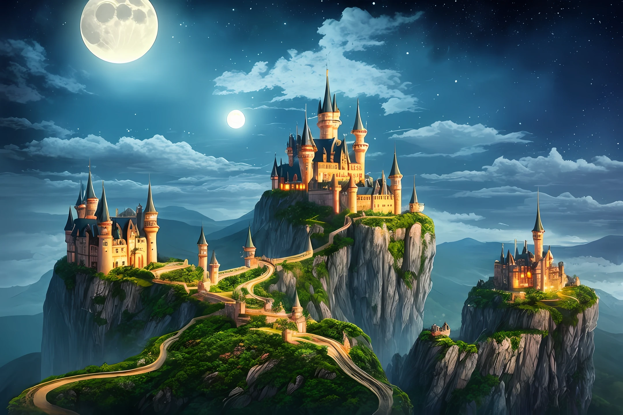 Moonlight castle in the top of the mountain, fantastic, fantasyland