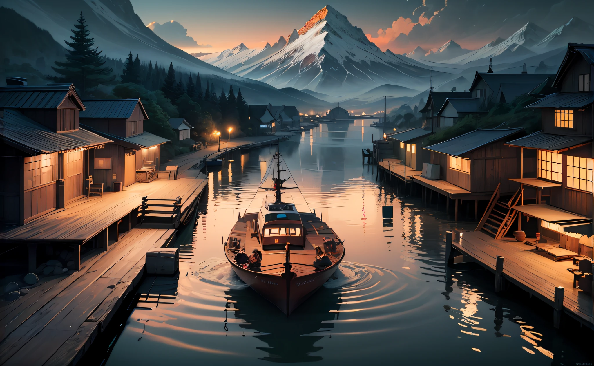 there is a boat that is floating in the water near a mountain, 4k highly detailed digital art, detailed painting 4 k, bussiere rutkowski andreas rocha, 4k detailed digital art, immensely detailed scene, 8k stunning artwork, stunning digital illustration, beautiful digital artwork, 4k digital painting, 4 k digital painting, stunning digital painting, amazing wallpaper