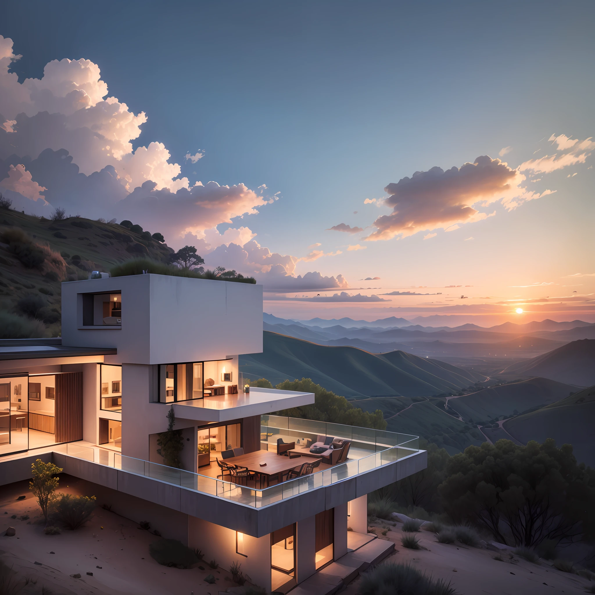 A futuristic house overlooking the deep valley, sunset, 1 story, 4k --auto --s2