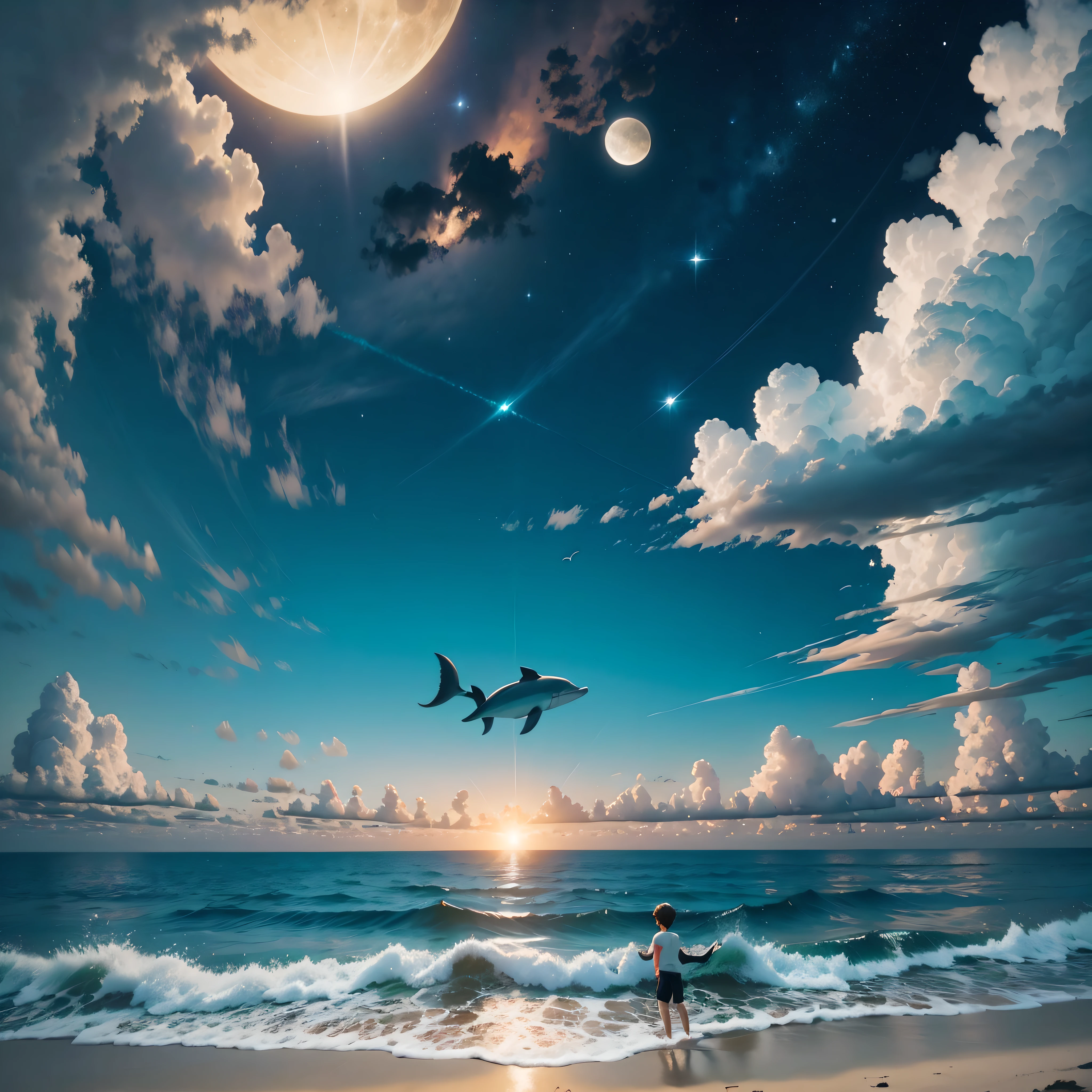 By the sea beach,Little boy swimming,Half of the sky is the stars and the moon,Half are the sun, Blue sky, and white clouds,There is a North Star in the sky,There are flying fish in the sky,A pegasus that flies in the sky,Pegasus' tail is a colorful color,In the distance, there are dolphins jumping in the sea