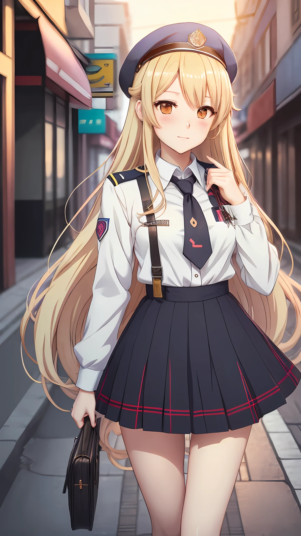 anime character dressed in uniform standing on sidewalk in city, beautiful anime high school girl, blonde anime girl with long hair, a hyperrealistic schoolgirl, girl wearing school uniform, Fine details. Smooth Anime CG Art, Anime visuals of cute girls, charming anime girls, girls frontline style, a hyperrealistic schoolgirl, Anime Girl with Long Hair, female anime character