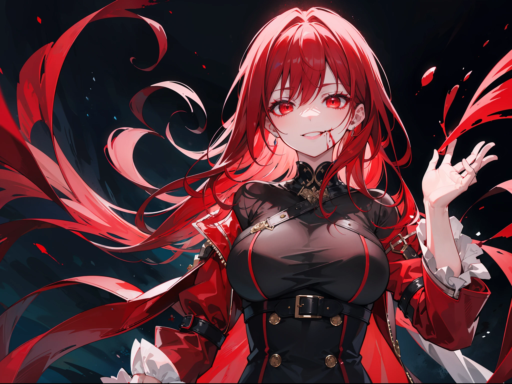 "Epic dark atmosphere, stunning 4k artwork featuring a milf with confident long red hair and glowing red eyes with gently smile, she wear red villain coat, standing proudly and filled with an aura of majesty, her face full of blood and smiled horribly"