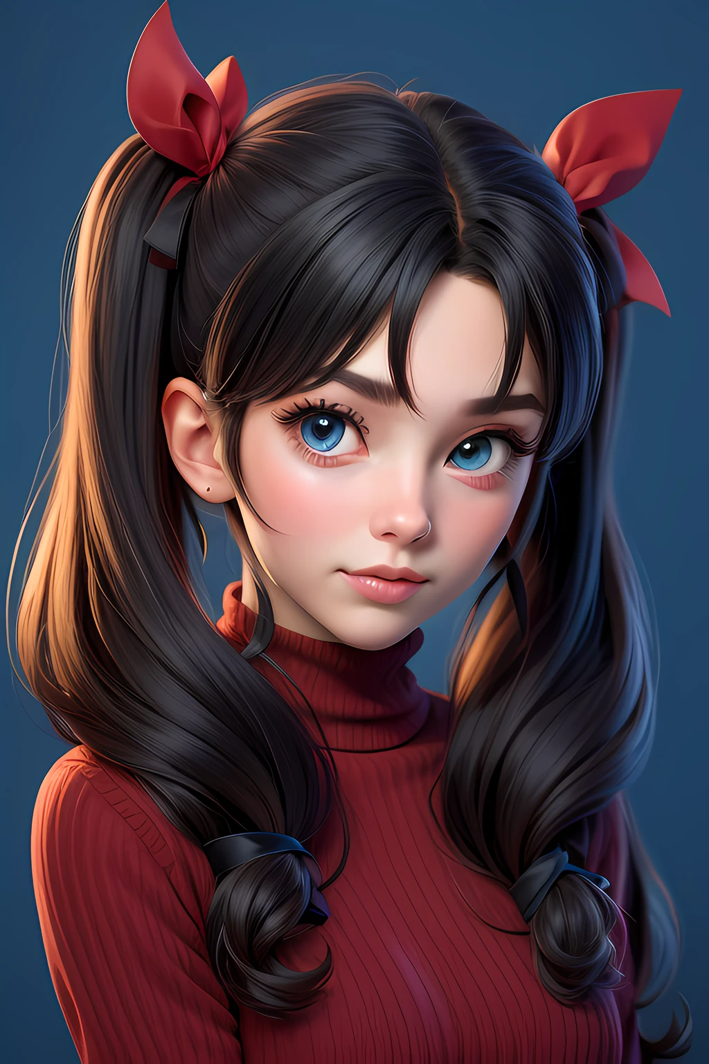 1girl, tohsaka rin, solo, long hair, sweater, red sweater, looking at viewer, blue background, black hair, simple background, two side up, turtleneck, blue eyes, lips, closed mouth, ribbon, hair ribbon, bangs, turtleneck sweater, upper body, parted bangs, black ribbon, ribbed sweater, twintails, nose,