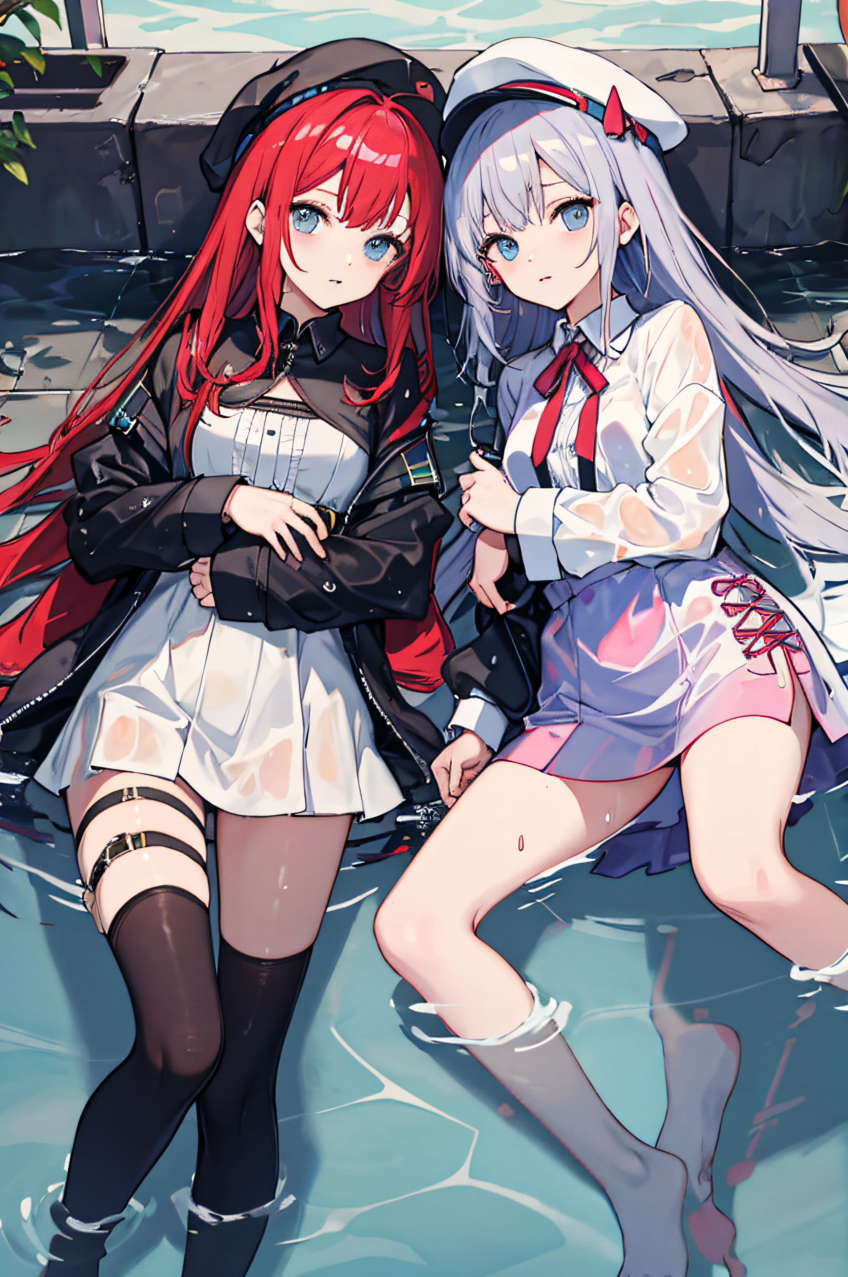 twinsies,redheadwear,silk stockingsa,Get wet,wet light clothes,lie on one’s side