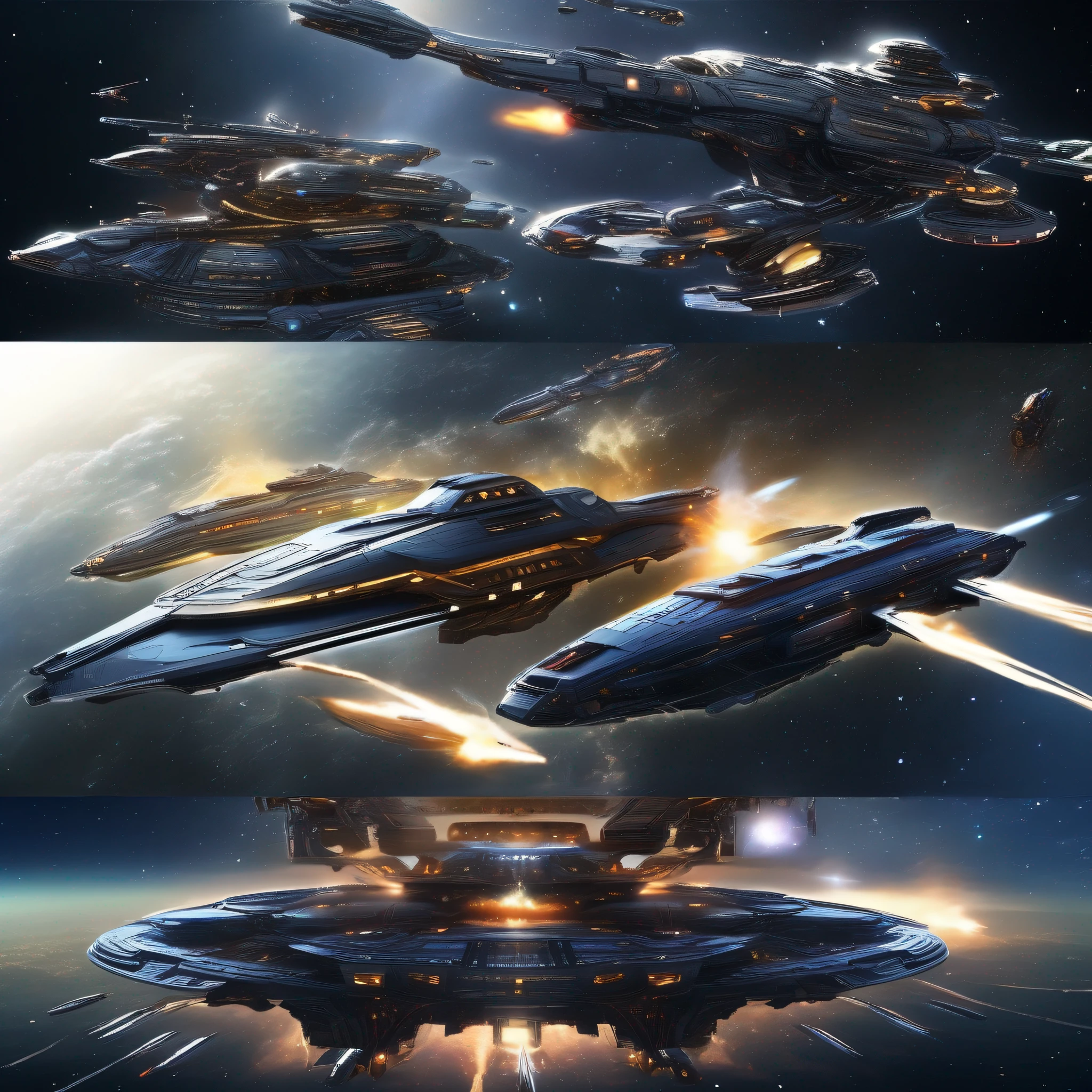 A large number of starships、sci-fi movie、A futuristic world、Science fiction universe space、Bank Starfield、Saturn ring、Tech shines、Light energy magnetic levitation、Quantum collision、Time travel、ultra high def、hyper-detailing，Faraway view、Lagrange，Shoot down and destroy enemy warships，exploding，ambiance，Planetary halo,victory，Battleship parade，Celebrate
