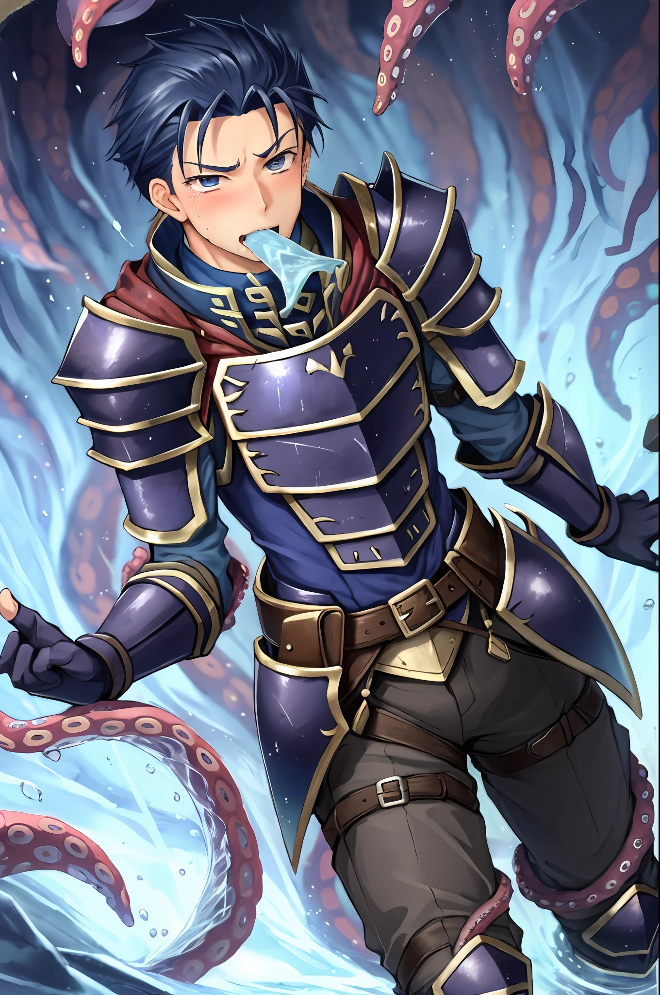 Hector Fey(adult man), 独奏, looking looking at viewer,Tied by tentacles(Mucus-secreting tentacles) ,With his mouth open(Tentacles stuff the mouth),Tentacles drill into the mouth,droolng,perspire,Tight combat uniform,armour,Get wet, mitts, 1 man,weeping,blush on, Male focus,Tentacles wrapped around thighs(Octopus tentacles wrap around thighs), cloaks, Armour, Shoulder armor, Soaked leggings,Wrists bound by tentacles,Waist wrapped around tentacles