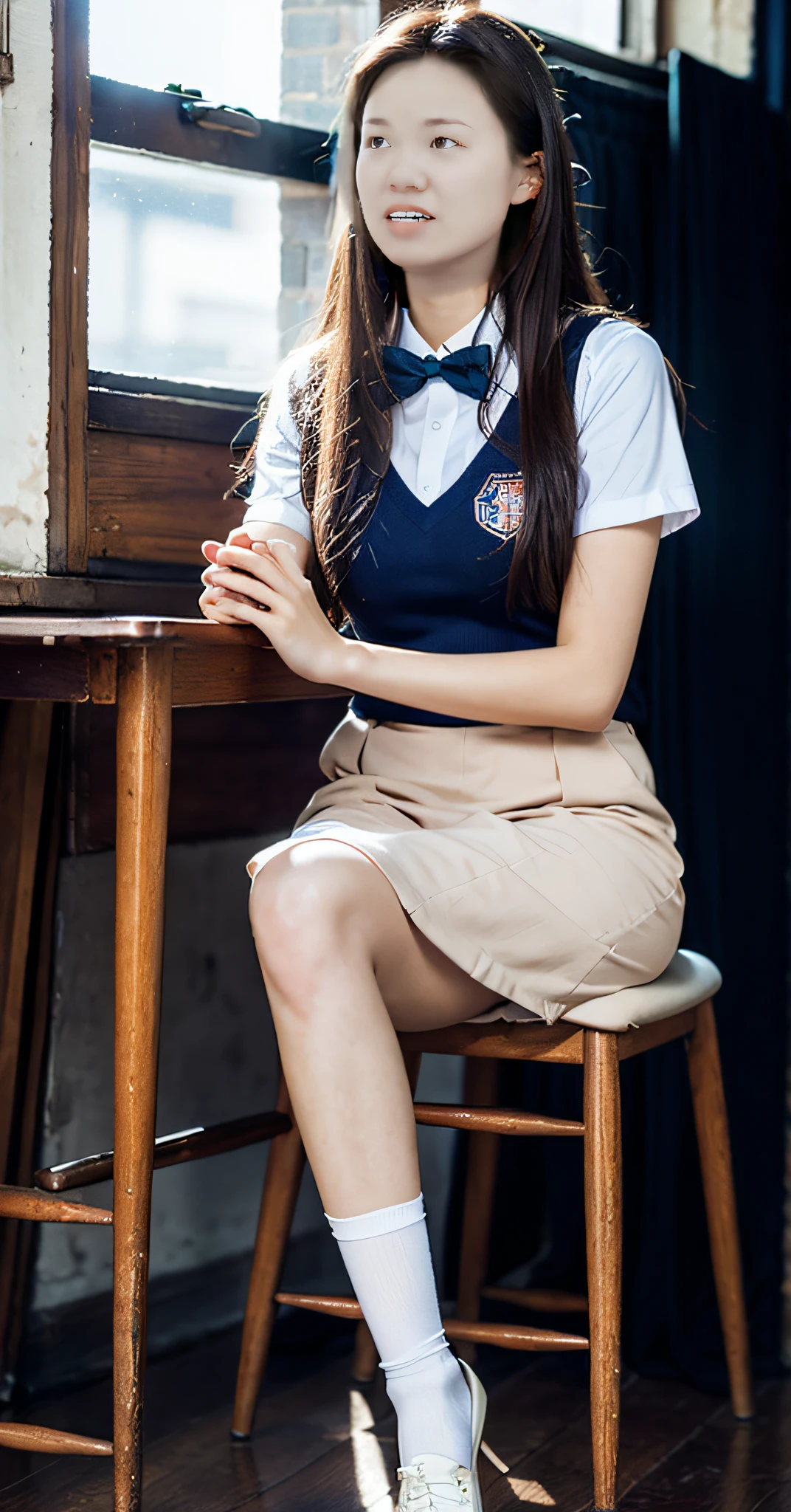 ulzzang-6500-v1.1, (Raw photo:1.2), (Photorealistic:1.4), Beautiful detailed girl, Very detailed eyes and face, Beautiful detailed eyes, Ridiculous, Incredibly ridiculous, Ultra detailed, High resolution, Very detailed, Best quality, Masterpiece, ((Japan girls' high school uniform)), In the classroom, by the window and outside the blue sky, unified, 8k wallpaper, fantastic, fine detail, masterpiece, top quality, highly detailed cg uniform 8k wallpaper,movie lighting, 16 year old girl, (dynamic pose))), (camel toe), (knee bending leg sitting))