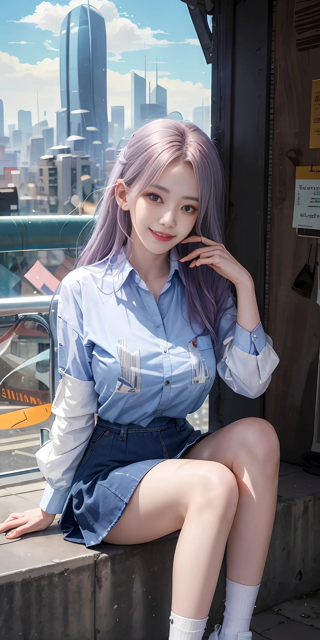 Official fine art，masterpaintings，Sharp focus，（Beautiful gorgeous and cute Korean leg model：1.3），（Beautiful and cute Korean leg model：1.3），Korean  beauty，Delicate and beautiful hair and eyes and face，slimfigure，Sexy perfect body，Huge breasts，realisticlying，hyper detailled，a beautifulchi girl，blue-sky，Glowing white particles,(side-lighting:1.2),sun beam,baiyun,Detailed clouds,Slender legs,Toothy laughter,((Laugh and open your eyes)),scenecy,Long straight hair, sexy facial expression, architectural, (Cityscape:1.7), Dynamic hair, Long straight hair, Delicate platinum-pink hair, glow blue eyes, (blue pleated shirt+whitish skirt), long white socks, paleskin, hair adornments, epic landscapes,