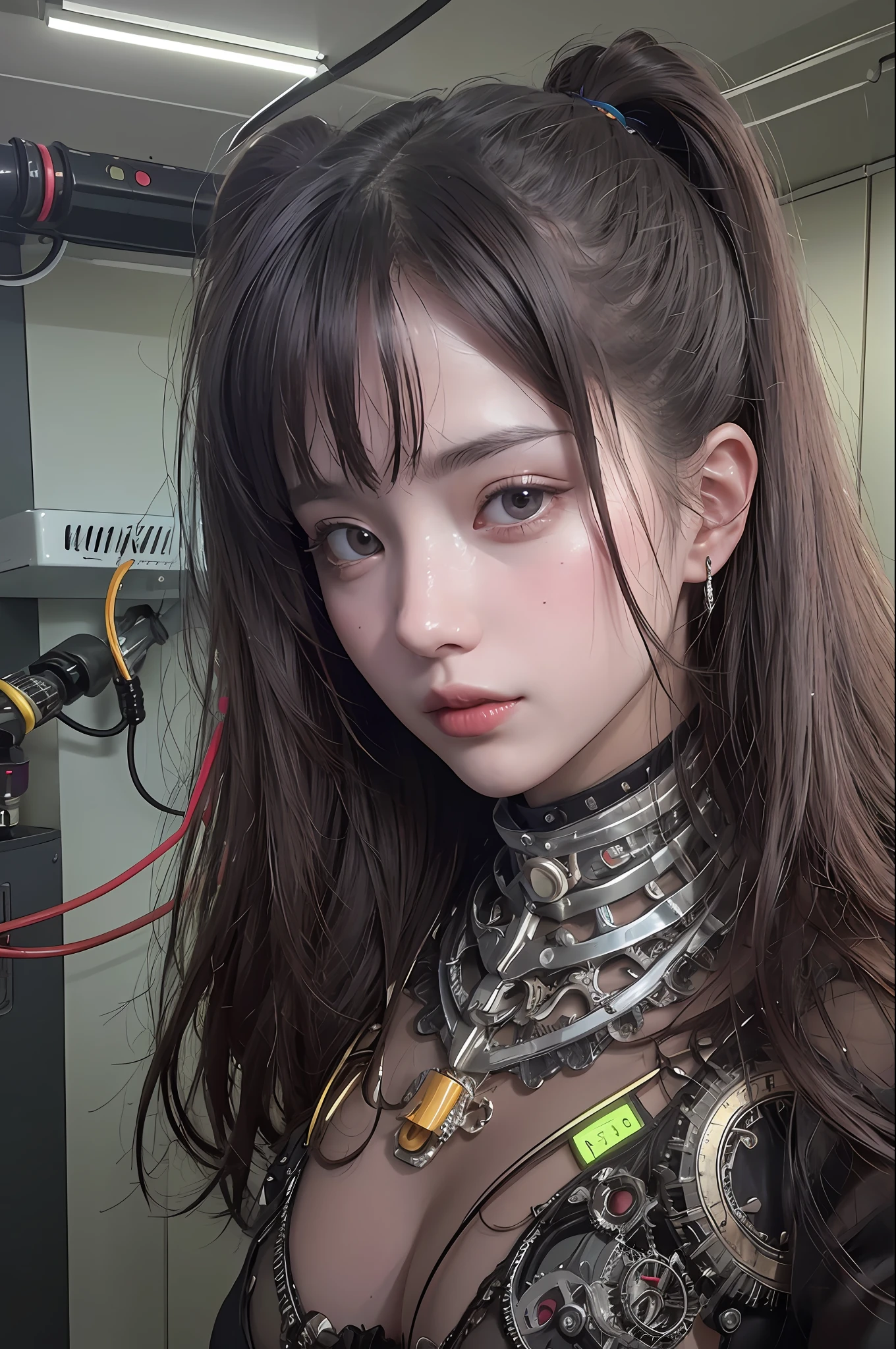 beste-Qualit、шедевр、ultra-high-resolution、(photo- realistic:1.4)、Raw photo、1人、Black hair、glowy skin、steampunk suit、((hyper realistic detail))、portlate、Global Illumination、Shadow、octan render、in 8K、ultrasharp、巨乳、Raw skin is exposed in cleavage、metals、cog、Hydraulic cylinder、Details of complex ornaments、Gothloli details、Luminous tube、extremely intricate detail、Realistic light、CGSoation Trends、purple-eyed、radiant eyes、Facing the camera、neon details、Mechanical limbs、blood vessels connected to tubes、Mechanical vertebrae attached to the back、mechanical cervical attaching to neck、sitting on、Wires and cables connecting to the head、Small LED lamp、The background is the server room of the future、