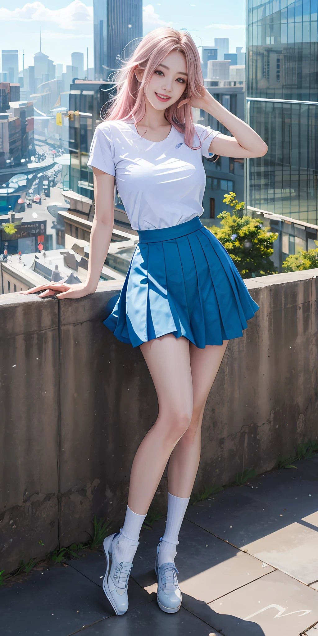 Official fine art,masterpaintings,Sharp focus,(Beautiful gorgeous and cute Korean leg model:1.3),(Beautiful and cute Korean leg model:1.3),Korean beauty,Delicate and beautiful hair and eyes and face,slimfigure,Sexy perfect body,Huge breasts,realisticlying,hyper detailled,a beautifulchi girl,blue-sky,Glowing white particles,(side-lighting:1.2),sun beam,baiyun,Detailed clouds,Slender legs,Toothy laughter,((Laugh and open your eyes)),scenecy,Long straight hair, sexy facial expression, architectural, (Cityscape:1.7), Dynamic hair, Long straight hair, Delicate platinum-pink hair, glow blue eyes, (blue pleated shirt+whitish skirt), long white socks, paleskin, hair adornments, epic landscapes,