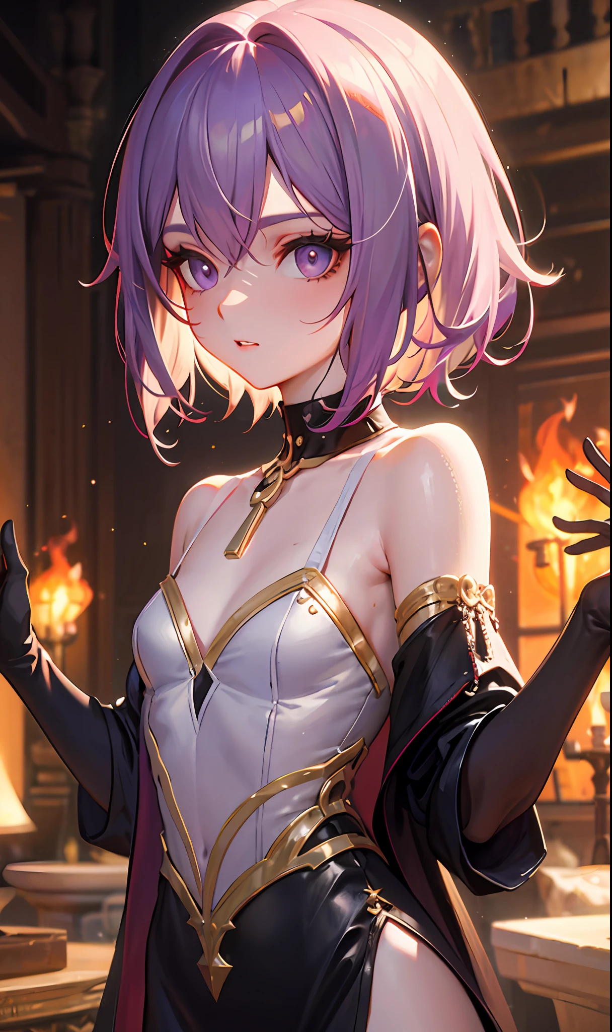 (masterpaintings,Sideslit,Beautiful eyes:1.2),(masterpaintings*sportrait),sportrait,busts,(busts),Lifelike,Anatomical correct,3D脸,luscious skin,(solo),Hair with pick-dye,Gradient hair,(closeup of face),Lovely face,(Fire opal-like purple eyes),Hanging eye corners,((highdetailedskin,Visible pores)),(Perfect body),A beautiful girl,Cleavage small breasts,((Full-coverage one-piece tights)),(neck rings),very short gloves,(chain)