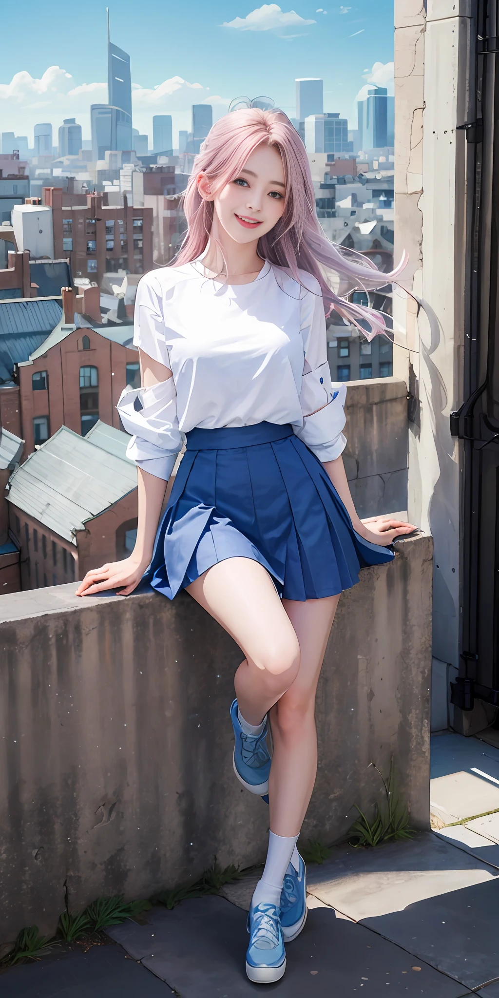 Official fine art,masterpaintings,Sharp focus,(Beautiful gorgeous and cute Korean leg model:1.3),(Beautiful and cute Korean leg model:1.3),Korean beauty,Delicate and beautiful hair and eyes and face,slimfigure,Sexy perfect body,Huge breasts,realisticlying,hyper detailled,a beautifulchi girl,blue-sky,Glowing white particles,(side-lighting:1.2),sun beam,baiyun,Detailed clouds,Slender legs,Toothy laughter,((Laugh and open your eyes)),scenecy,Long straight hair, sexy facial expression, architectural, (Cityscape:1.7), Dynamic hair, Long straight hair, Delicate platinum-pink hair, glow blue eyes, (blue pleated shirt+whitish skirt), long white socks, paleskin, hair adornments, epic landscapes,