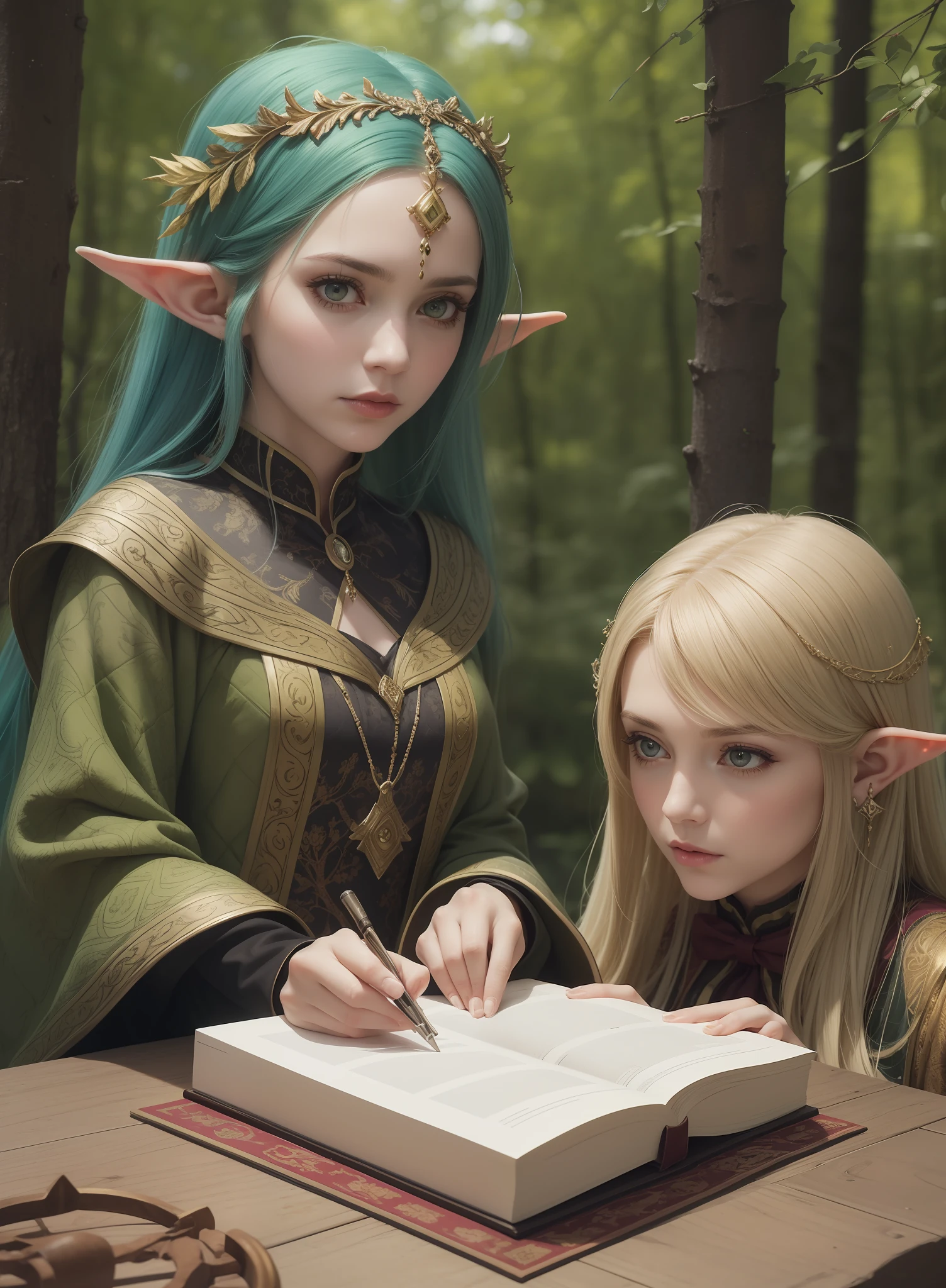 **Elven Sisters of Mystic Rituals; Immerse yourself in the mystical world of Elven rituals, in elegant elven costume perform a rituals, in the style of mythic storytelling, yigal ozeri, frederick mccubbin, dark green and magenta, karen wallis, kushan empire, craftcore Photographed by David bailey using Hasselblad’s flagship mirrorless medium format camera X2D 100C. 1000mps ,bold vibrant colours, in a colorful suit, in the style of goblincore, expressive facial animation, neo-concrete art, dariusz klimczak, carlo crivelli, edward gorey, detailed and macabre