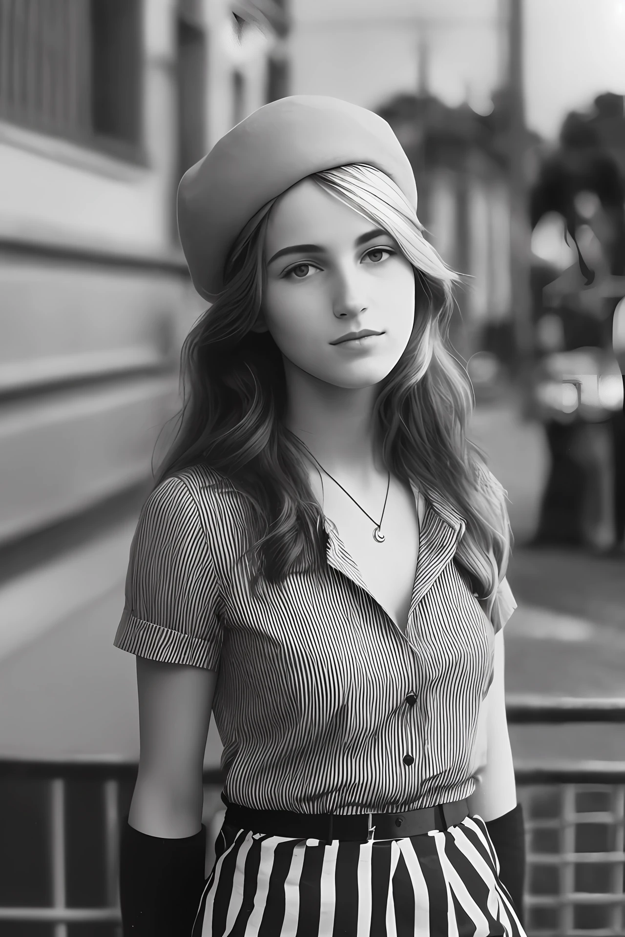 1968 black and white photograph of a beautiful 18-year-old light-eyed blonde woman wearing a che guevara-style beret and a striped blouse in the city of São Paulo