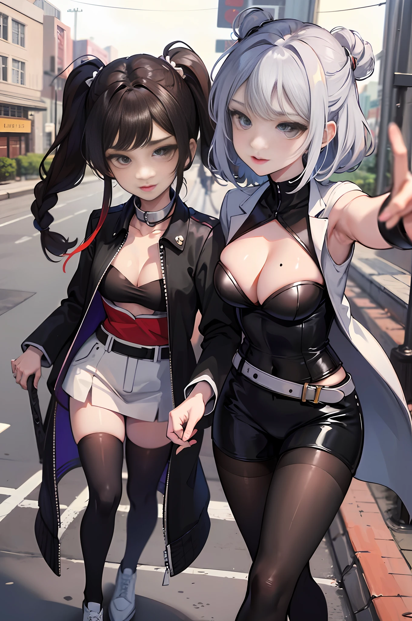 Best Quority,masterpaintings,Extremely detailled,A high resolution,4K,ultra-high-resolution,detailed shading,Perfect light and shadow,Two girls in fashionable clothes taking selfies on the street,Exquisite facial features,Colorful little braids,anime cosplaying,Anime style mixed with Fujifilm,lovly,big laughter,tear moles,A big-breasted,Sexy cleavage