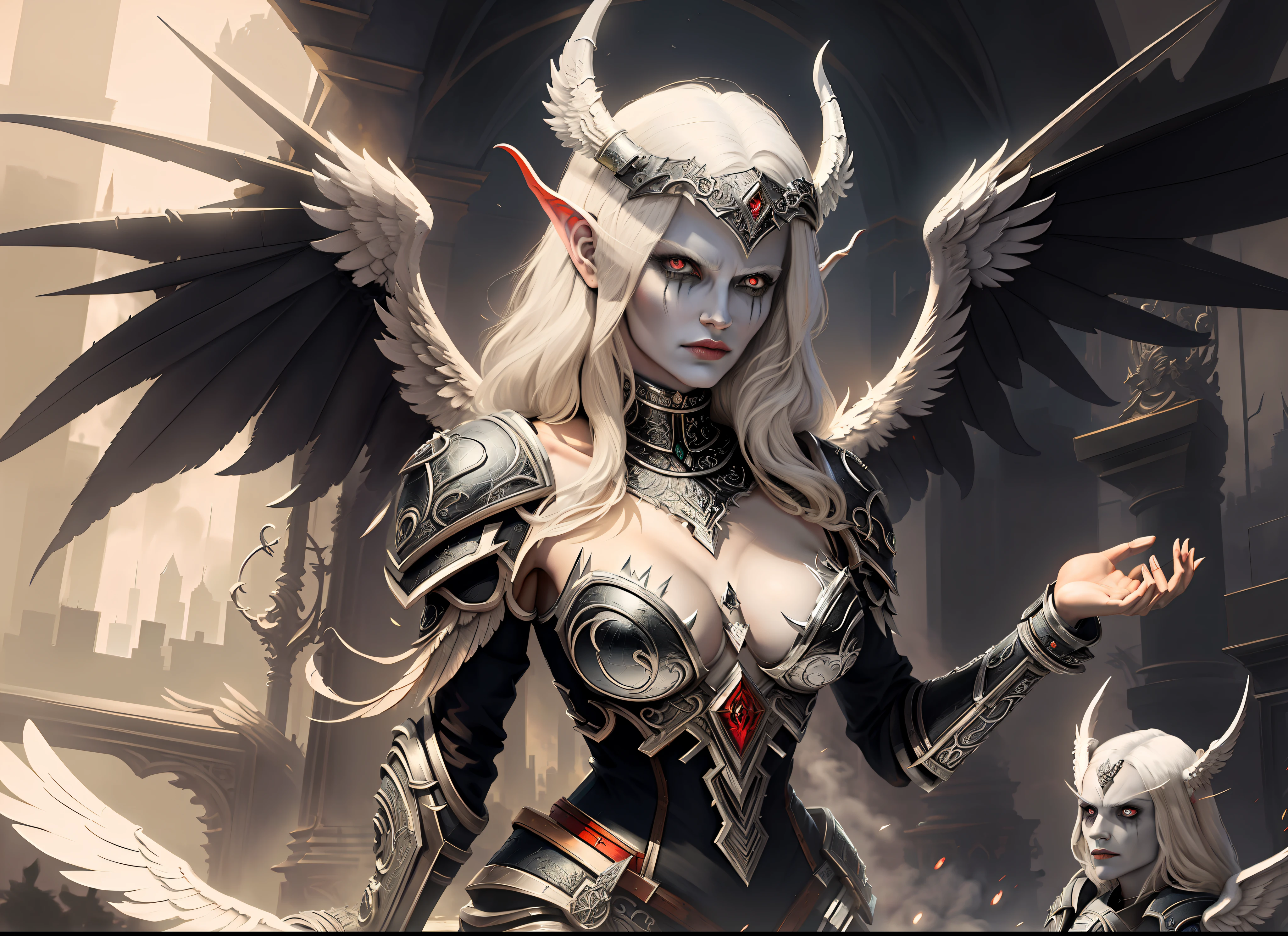 (Meisterwerk:1.2),(best quality:1.1),(hoch detaillierte Details:1.2),demonic angel with large black and white wings, white and red armor, gorgeous face, sitzend auf einem Thron, hinter ihm die Skyline