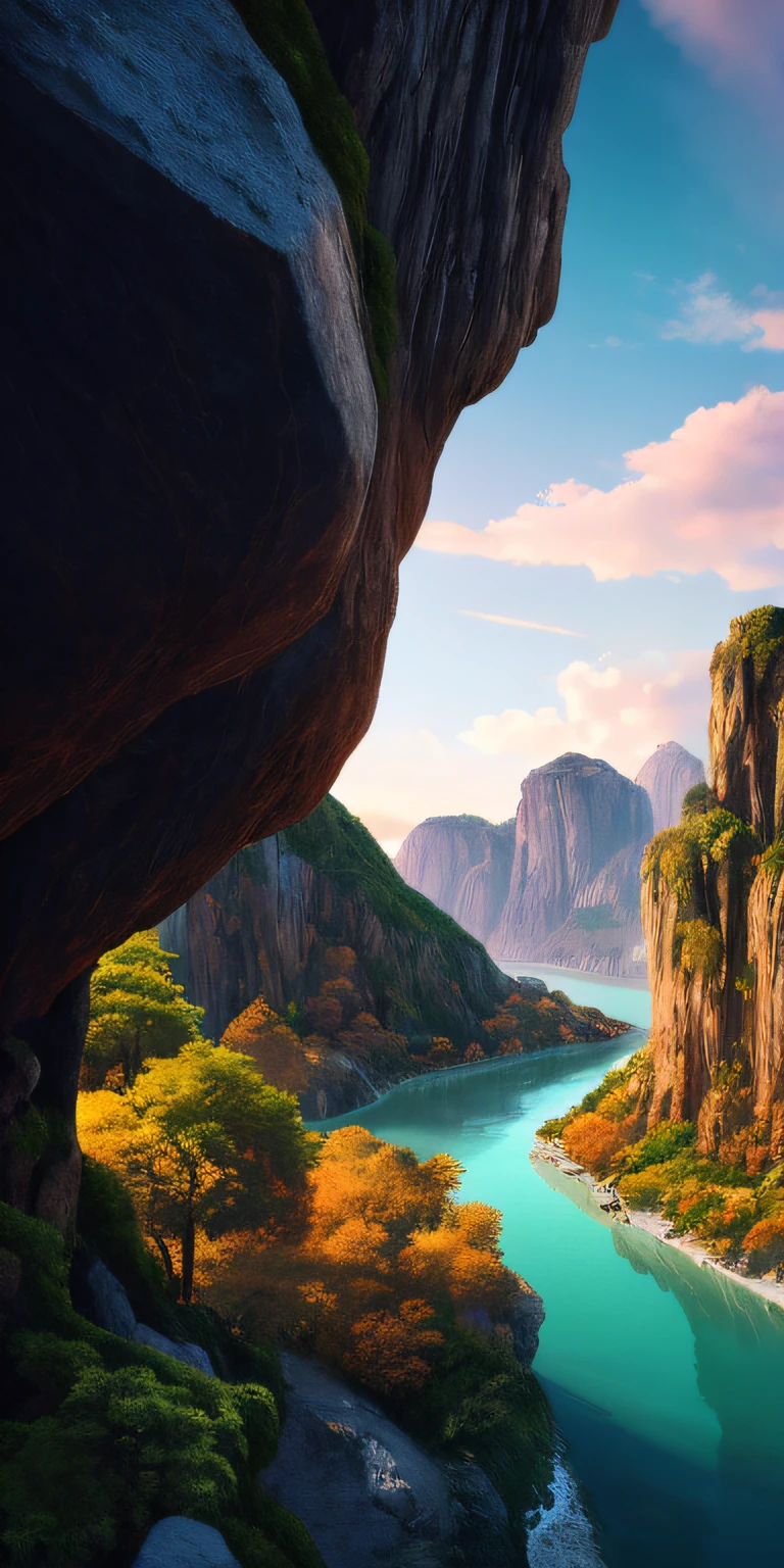 Masterpiece, best quality, high quality, extremely detailed CG unity 8k wallpaper, landscape, outdoor, sky, clouds, sky, no humans, mountain, landscape, water, tree, blue sky, waterfall, cliff, nature, lake, river , cloudy skies, award winning photography, bokeh, depth of field, HDR, bloom, chromatic aberration, photorealism, very detailed, trending on artstation, trending on CGsociety, intricate, high detail, dramatic, half way art
